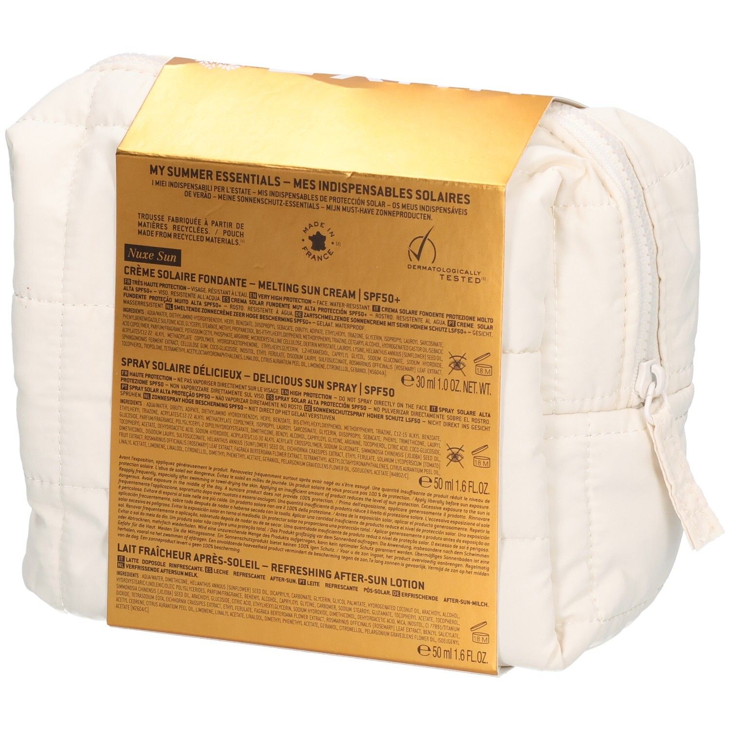 Rückseite des Nuxe Sommer-Essentials Sets mit Produktinformationen und Inhaltsstoffen.