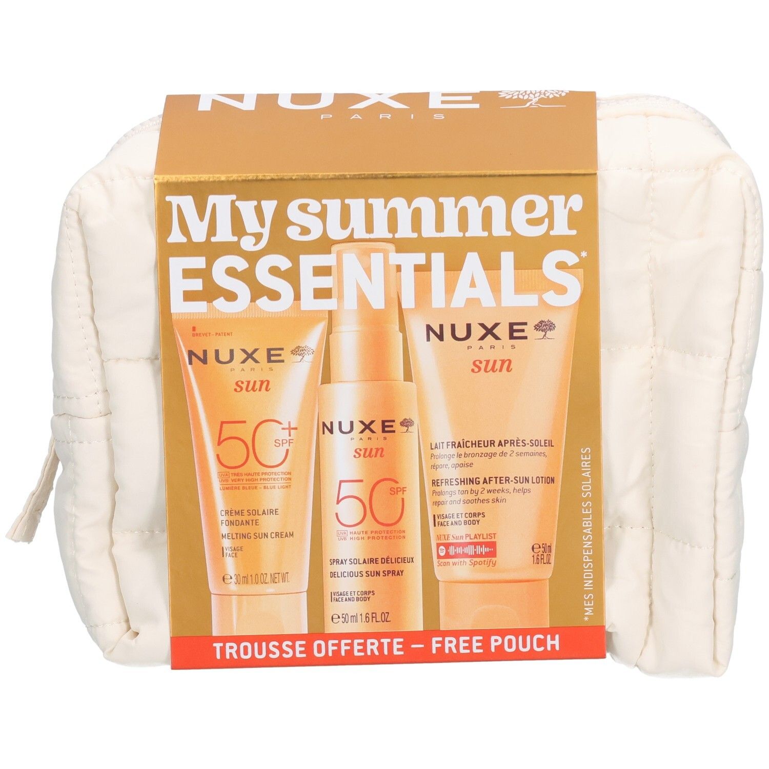 Nuxe Sommer-Essentials Set mit Sonnencreme, Sonnenspray und After-Sun-Lotion in einer Kosmetiktasche.