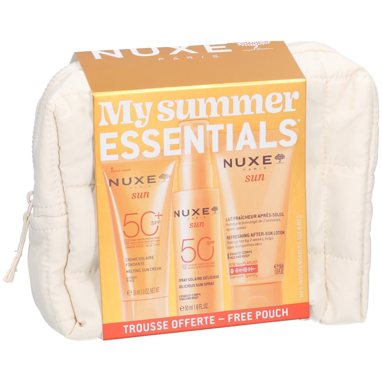 Nuxe Sommer-Essentials Set mit Sonnencreme, Sonnenspray und After-Sun-Lotion in einer Kosmetiktasche.