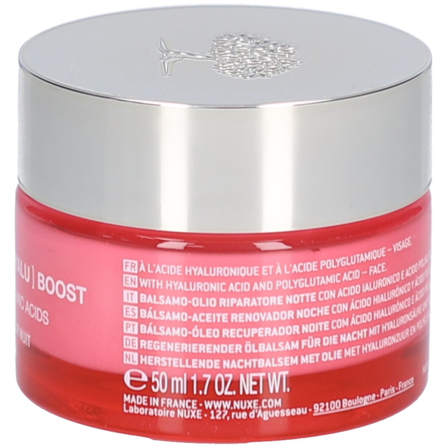 Nuxe Prodigieuse Nachtbalsam: Seite mit Inhaltsangaben und Volumen (50 ml).