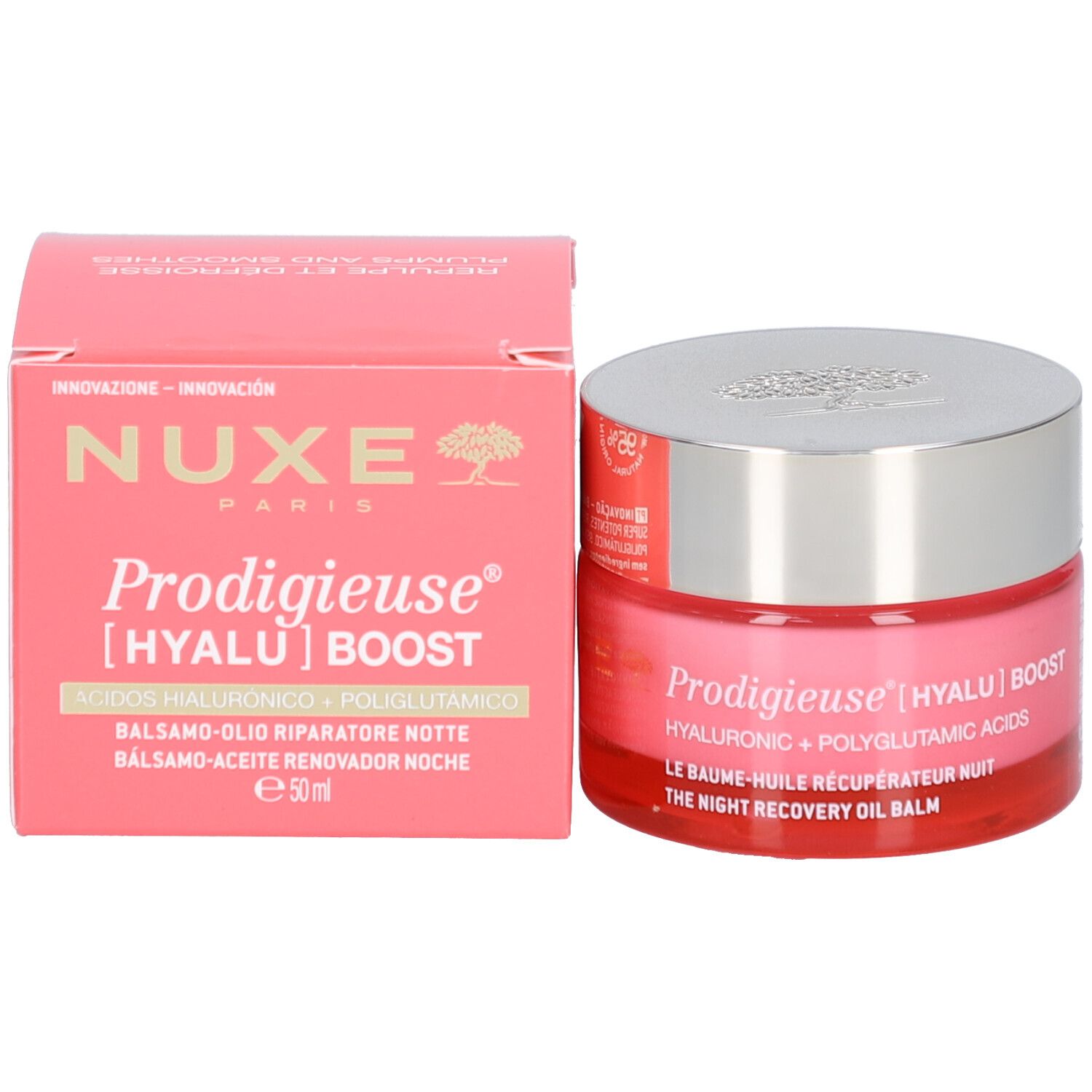Nuxe Prodigieuse Nachtbalsam und Verpackung mit Produktinformationen.