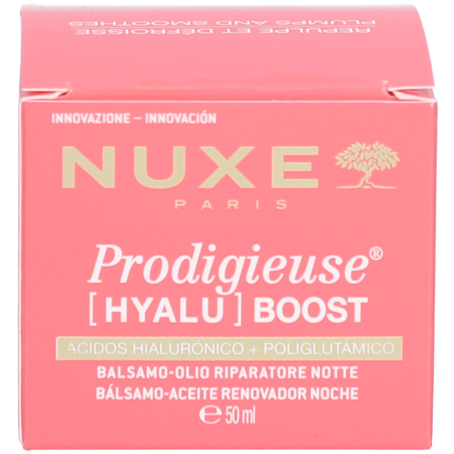 Nuxe Prodigieuse [Hyalu] Boost Nachtbalsam: Verpackung mit Produktinformationen.
