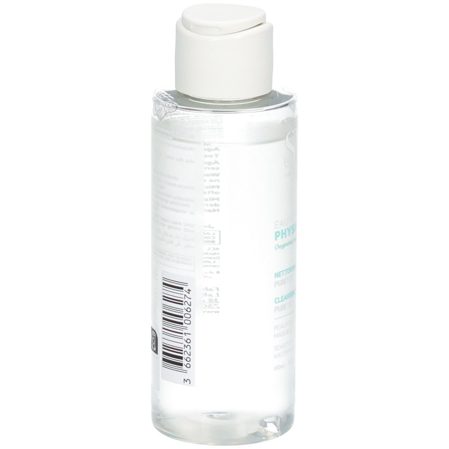 Rückansicht einer transparenten Flasche mit weißem Deckel. Barcode und Text auf dem Etikett. Produktname: SVR Eau Micellaire Physiopure.