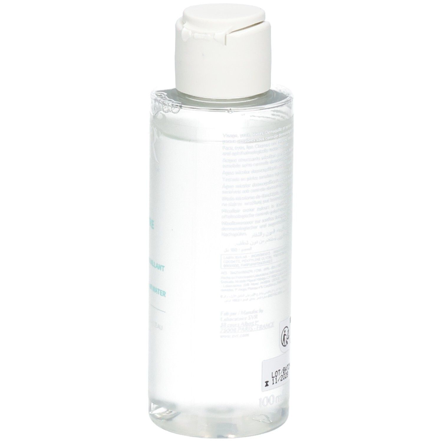 Transparente Flasche mit weißem Deckel. Aufschrift: SVR Eau Micellaire Physiopure. Etikett mit Produktinformationen. 100 ml.