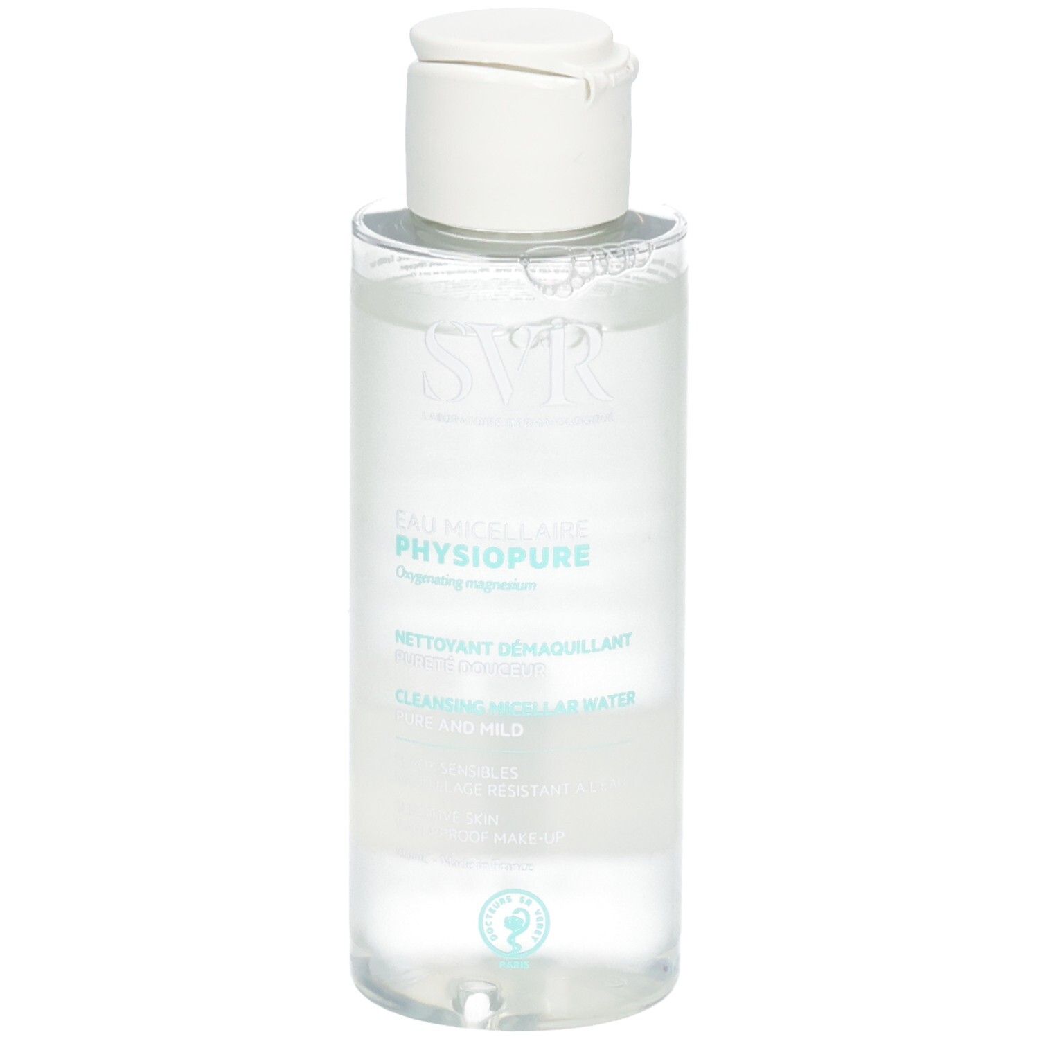 Transparente Flasche mit weißem Deckel. Etikett mit Produktinformationen. Produktname: SVR Eau Micellaire Physiopure. 100 ml.