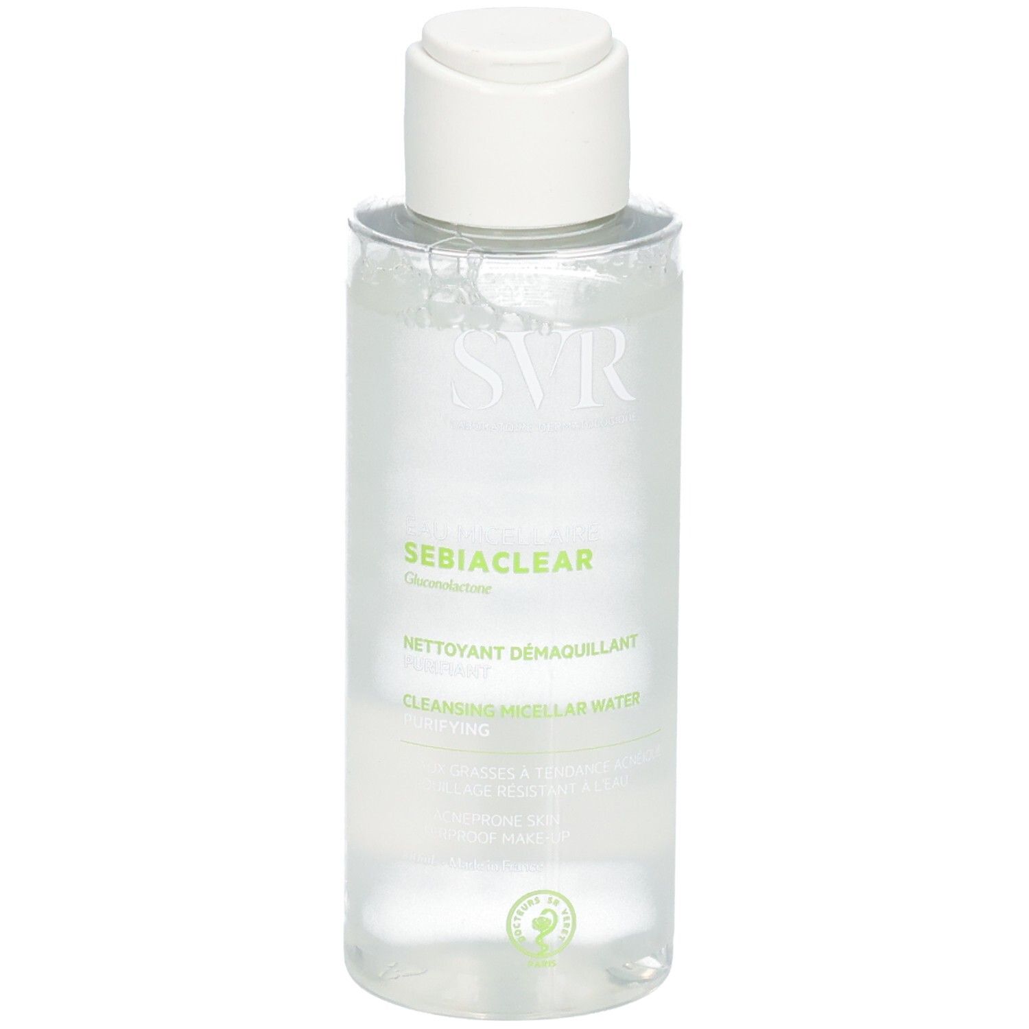 SVR Sebiaclear Mizellenwasser-Reinigungswasser. Transparente Flasche mit weißem Deckel. Produktname und Logo sichtbar.