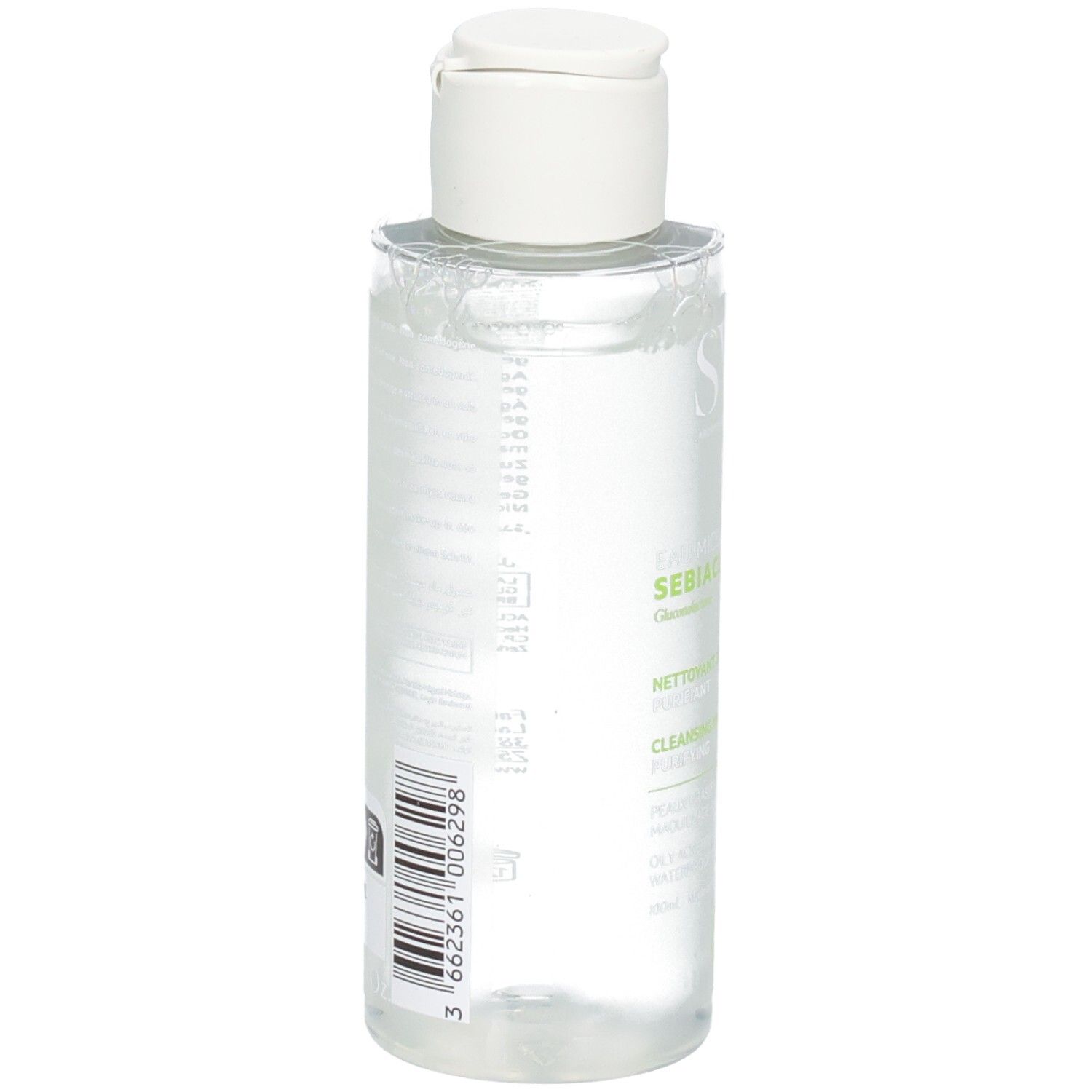 Rückseite der SVR Sebiaclear Flasche. Barcode und Produktinformationen. Transparente Flüssigkeit sichtbar.