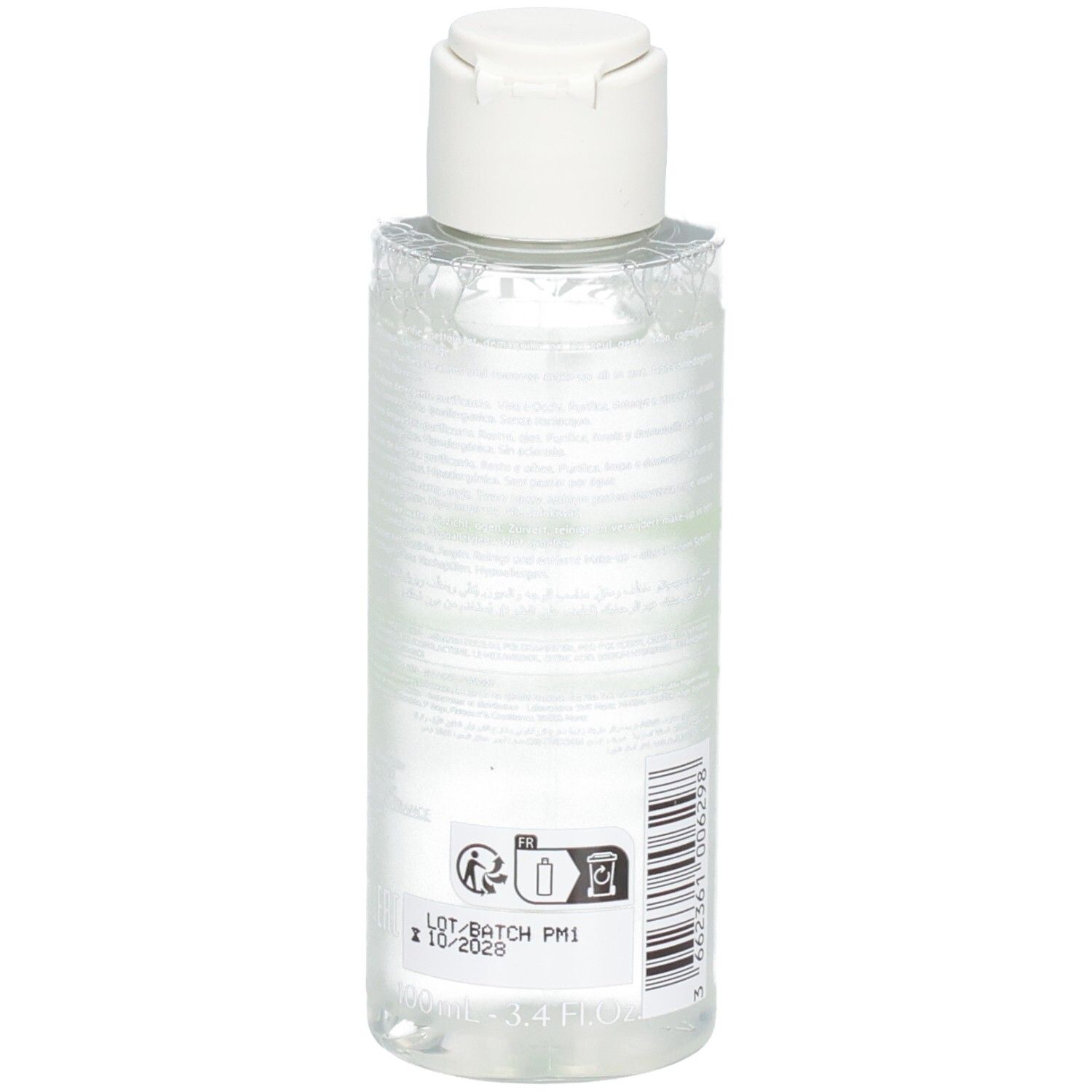 Rückseite der SVR Sebiaclear Flasche. Produktinformationen und Chargennummer. Transparente Flüssigkeit sichtbar.