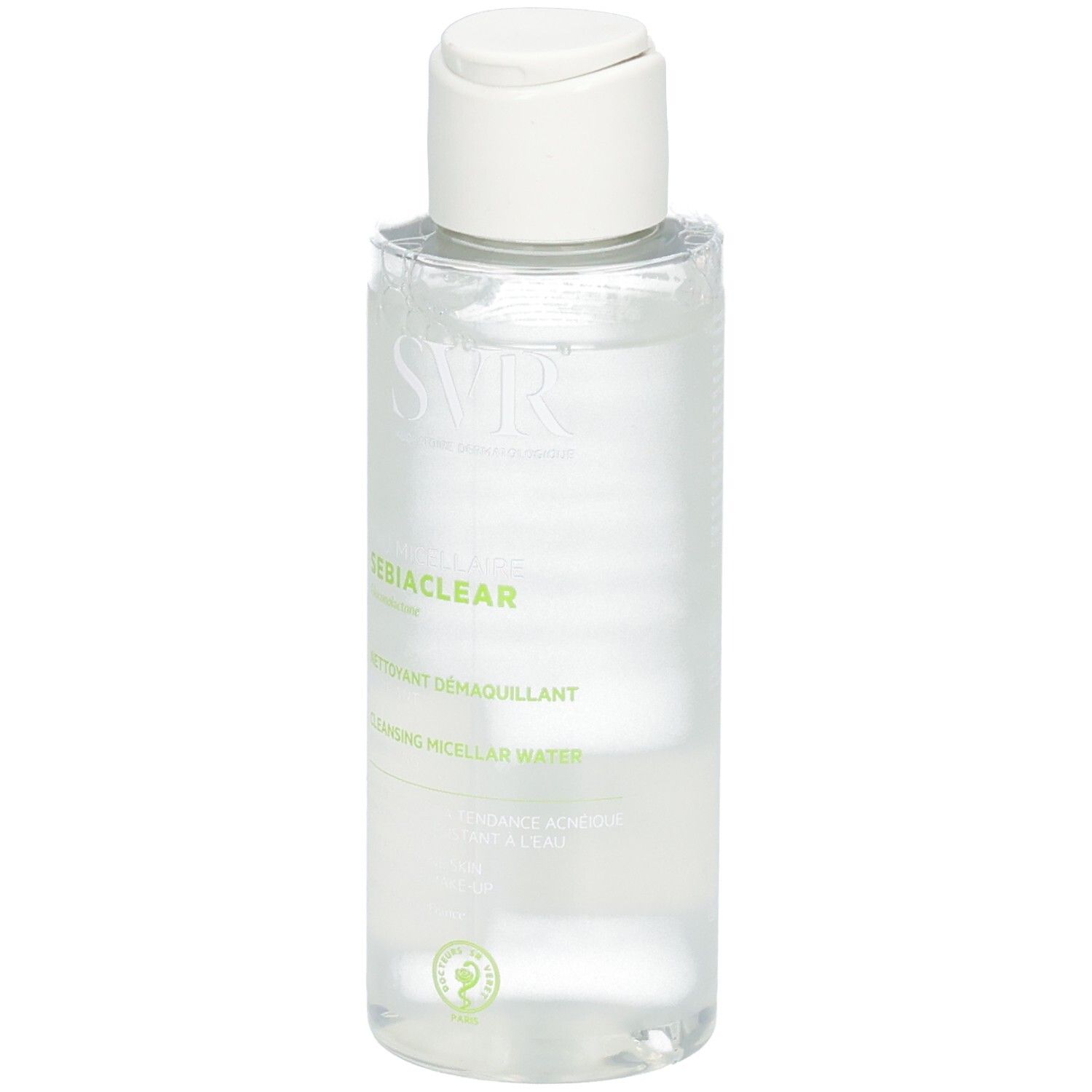 SVR Sebiaclear Mizellenwasser-Reinigungswasser. Transparente Flasche mit weißem Deckel. Produktname und Logo sichtbar.