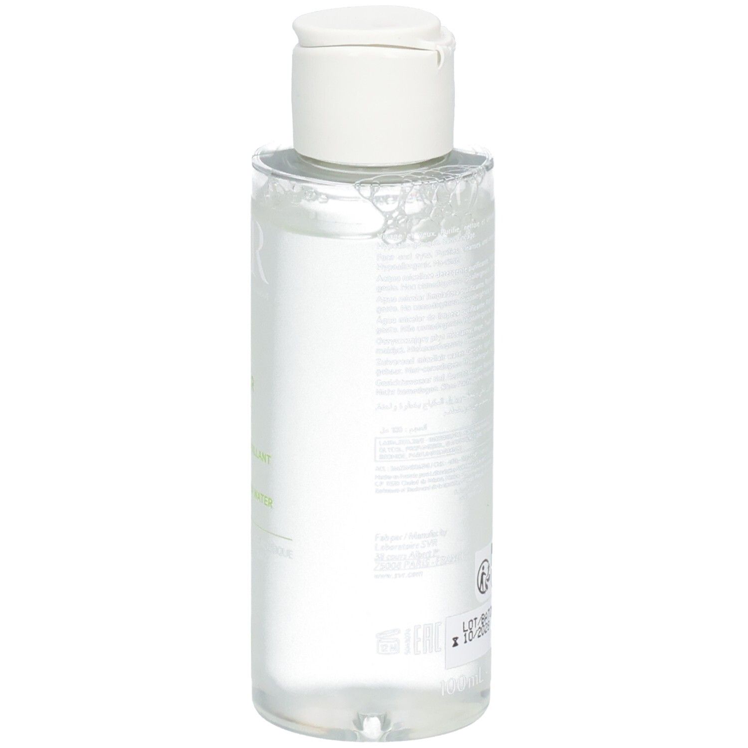 Rückseite der SVR Sebiaclear Flasche. Produktinformationen. Transparente Flüssigkeit sichtbar.