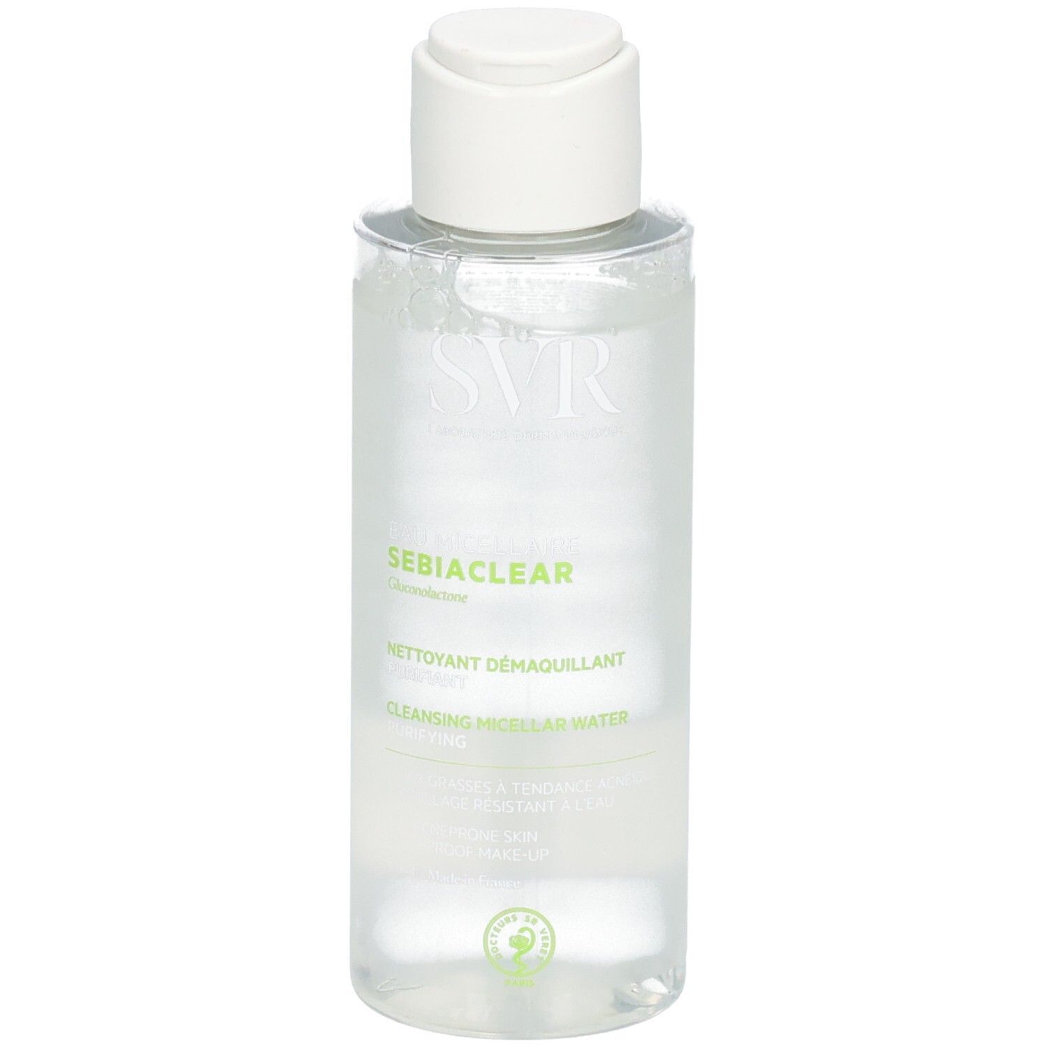 SVR Sebiaclear Mizellenwasser-Reinigungswasser. Transparente Flasche mit weißem Deckel. Produktname und Logo sichtbar.