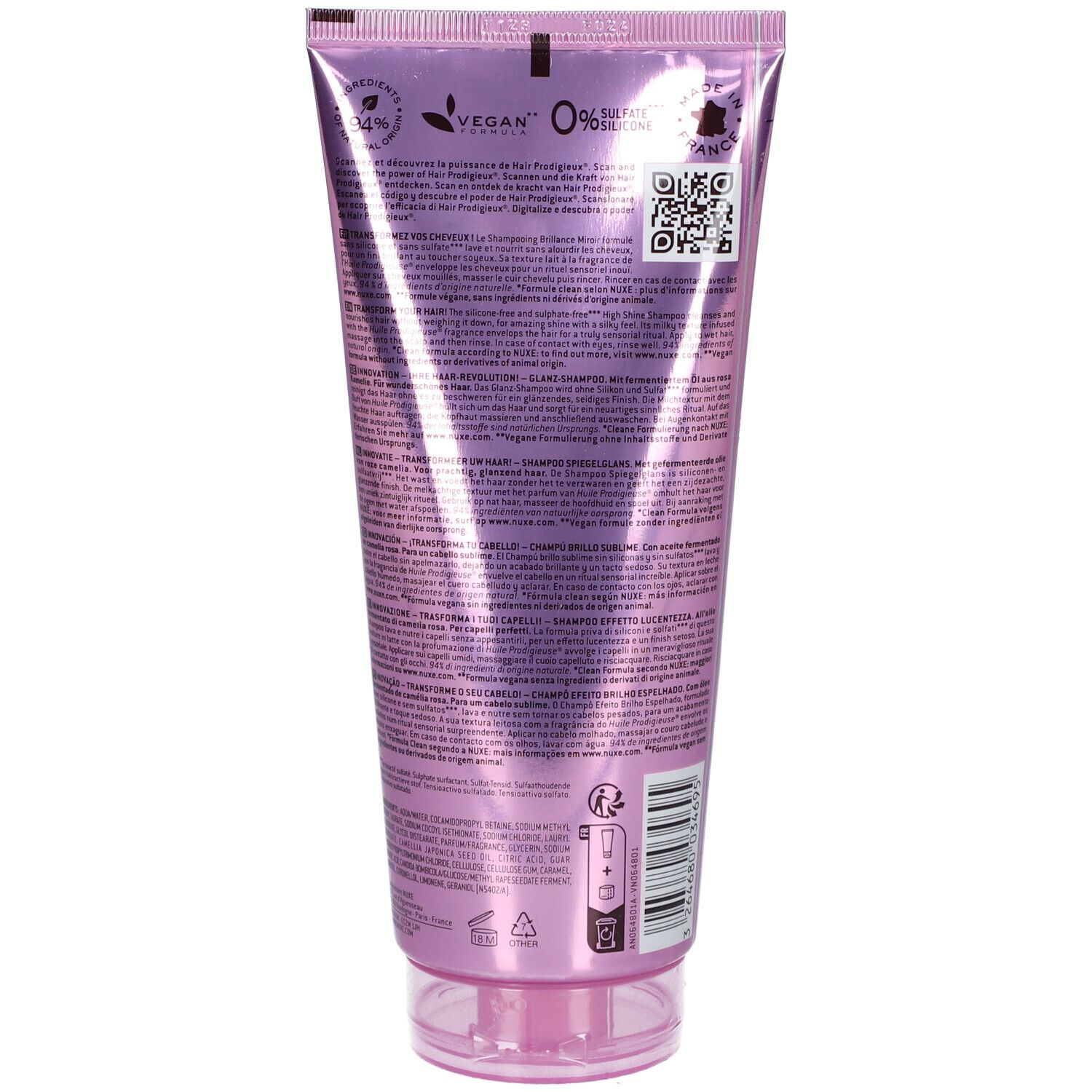 Achterkant roze tube. Tekst en QR-code. Vegan-logo en 0% sulfaten. Meertalige informatie.