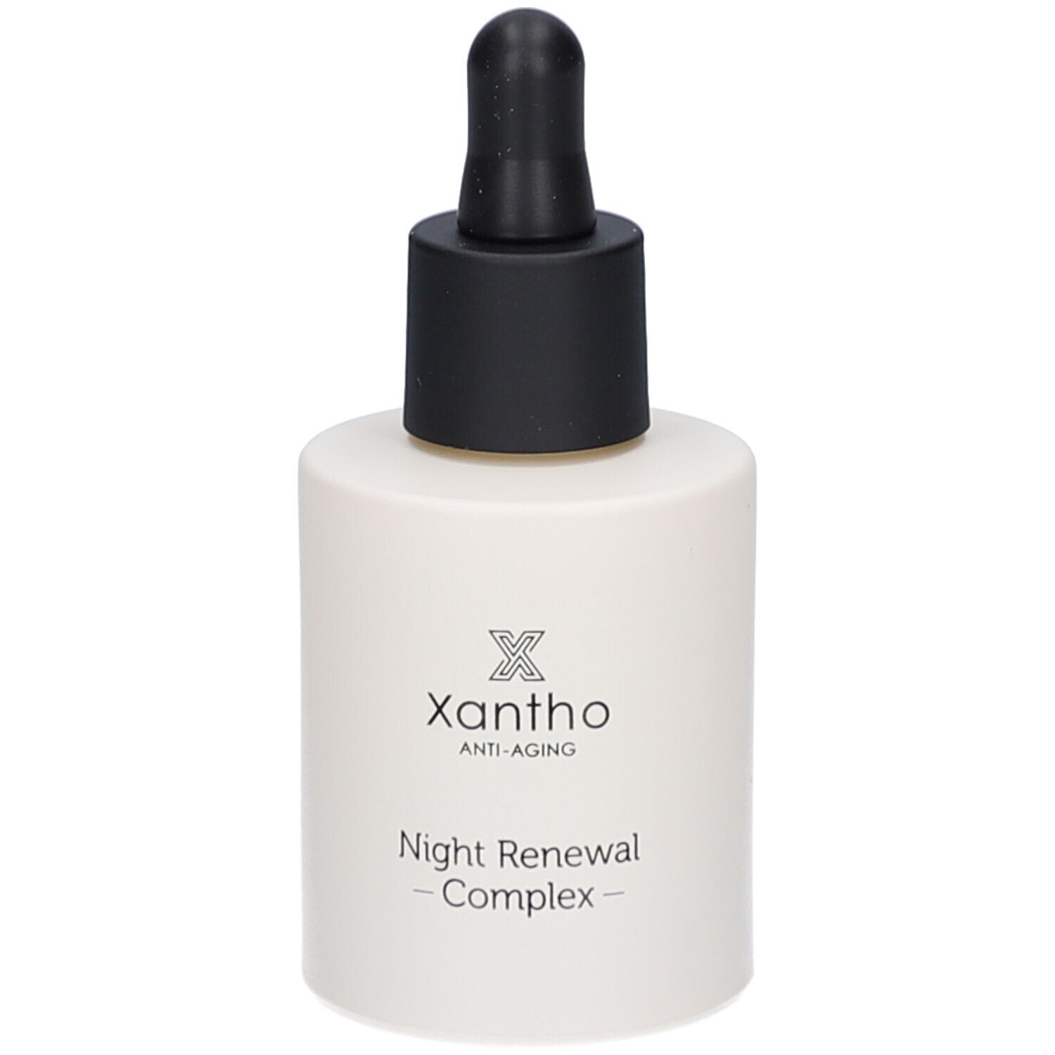 Beige Flasche mit schwarzem Deckel und Pipette. Aufschrift: Xantho Anti-Aging Night Renewal Complex.