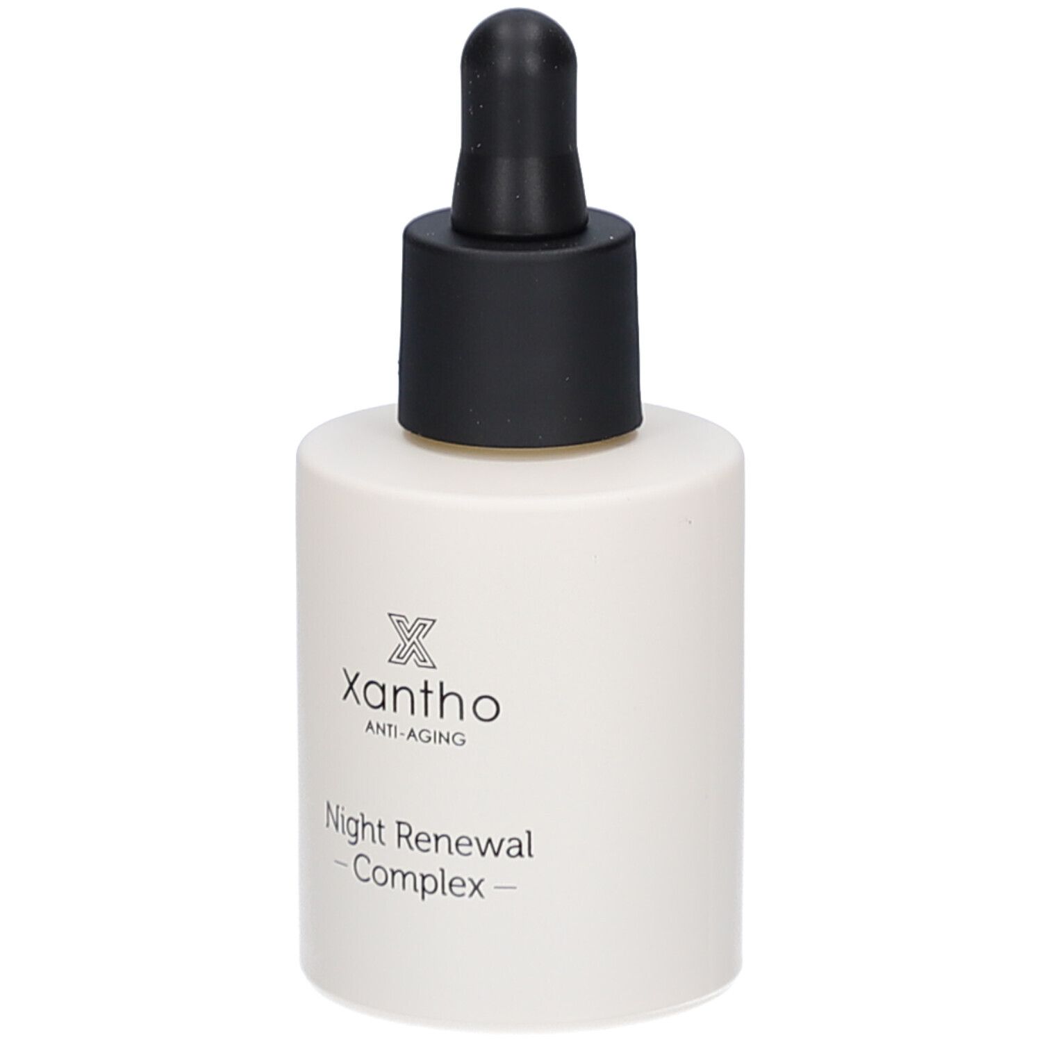 Beige Flasche mit schwarzem Deckel und Pipette. Aufschrift: Xantho Anti-Aging Night Renewal Complex.