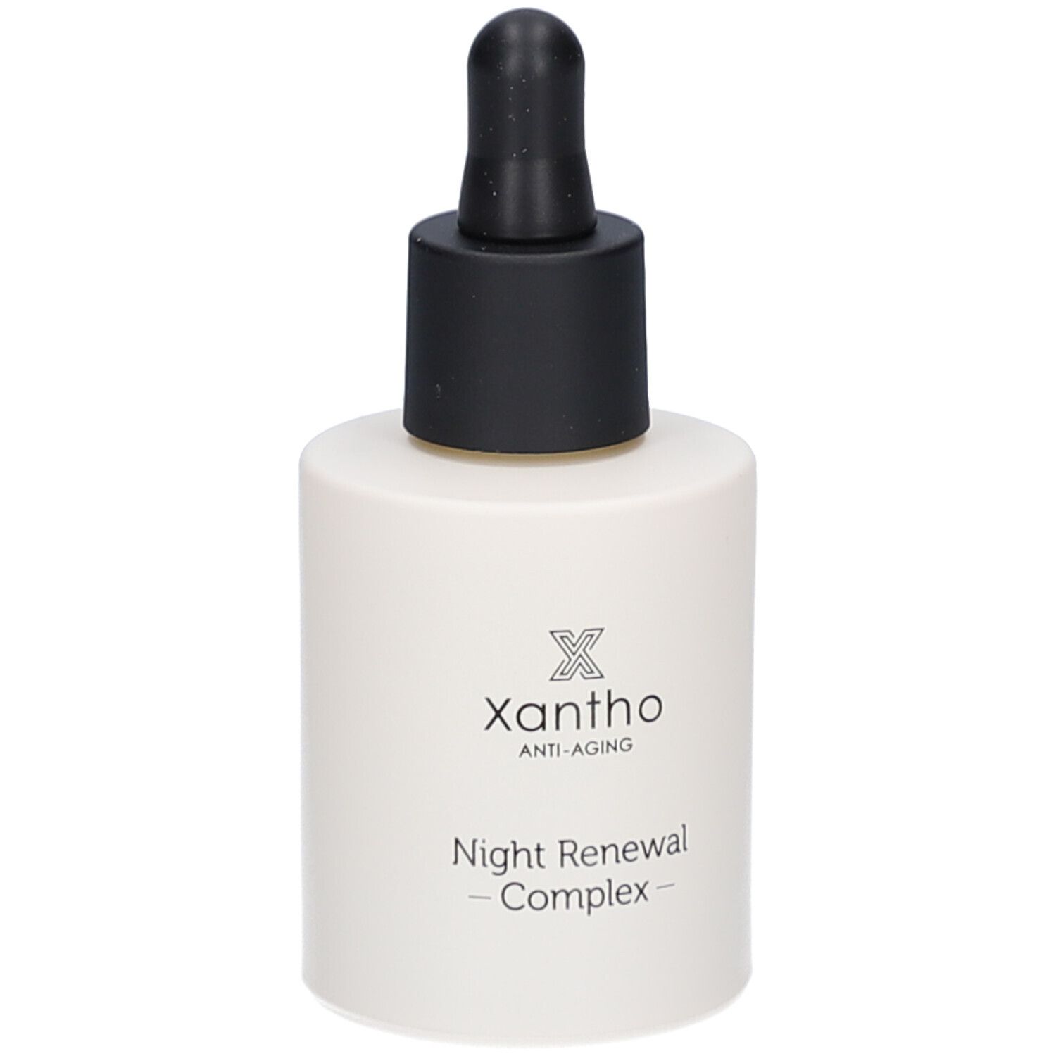 Beige Flasche mit schwarzem Deckel und Pipette. Aufschrift: Xantho Anti-Aging Night Renewal Complex.