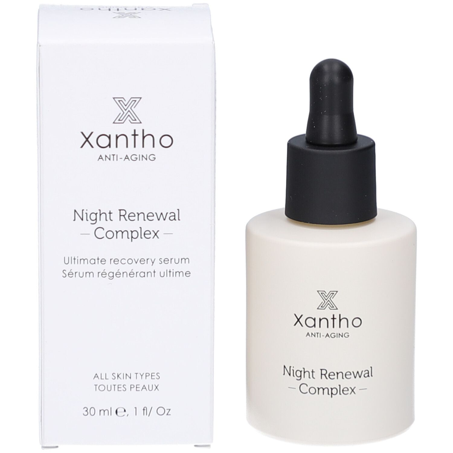 Produktflasche und Verpackung. Aufschrift: Xantho Anti-Aging Night Renewal Complex, 30 ml.