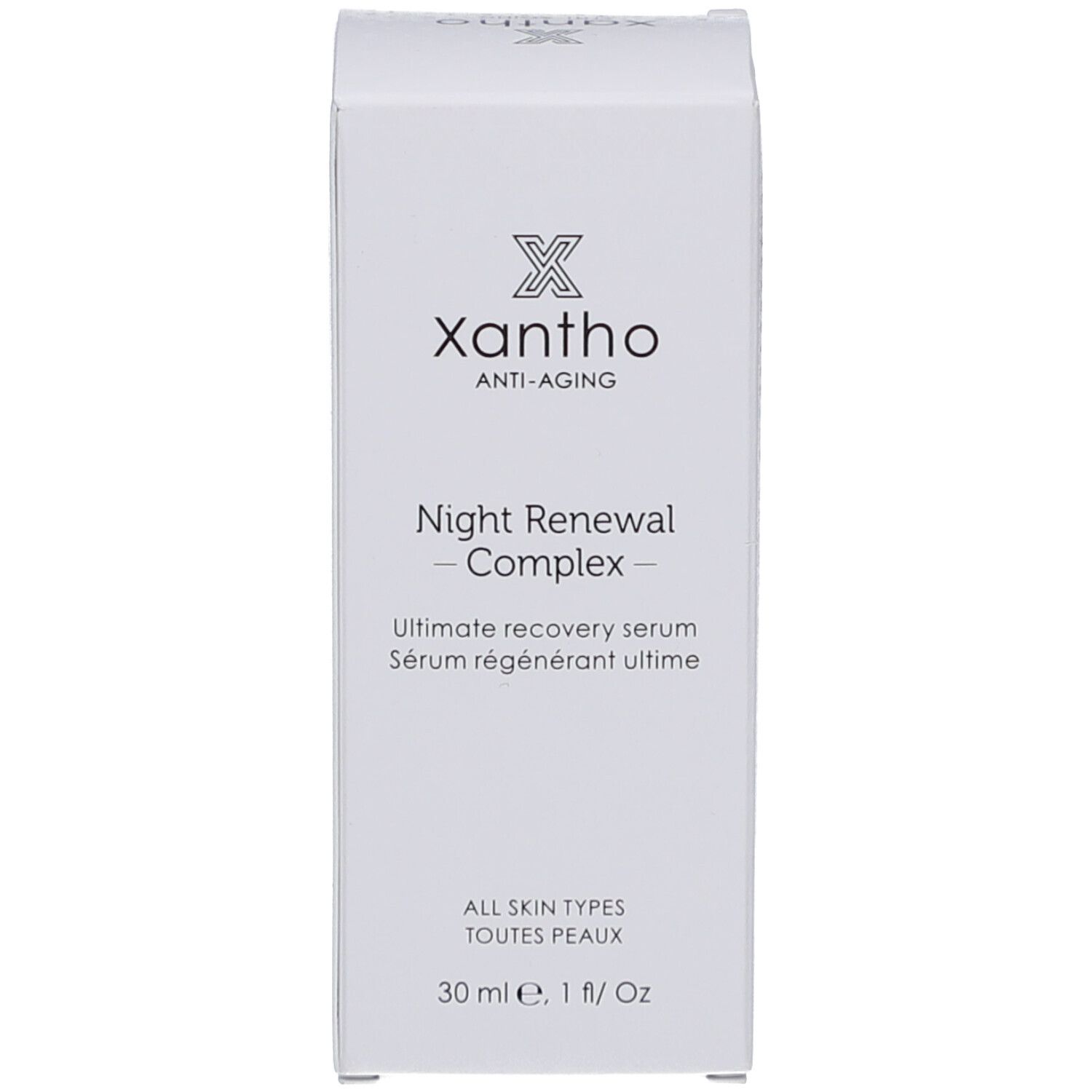 Weiße Produktverpackung. Aufschrift: Xantho Anti-Aging Night Renewal Complex, 30 ml.