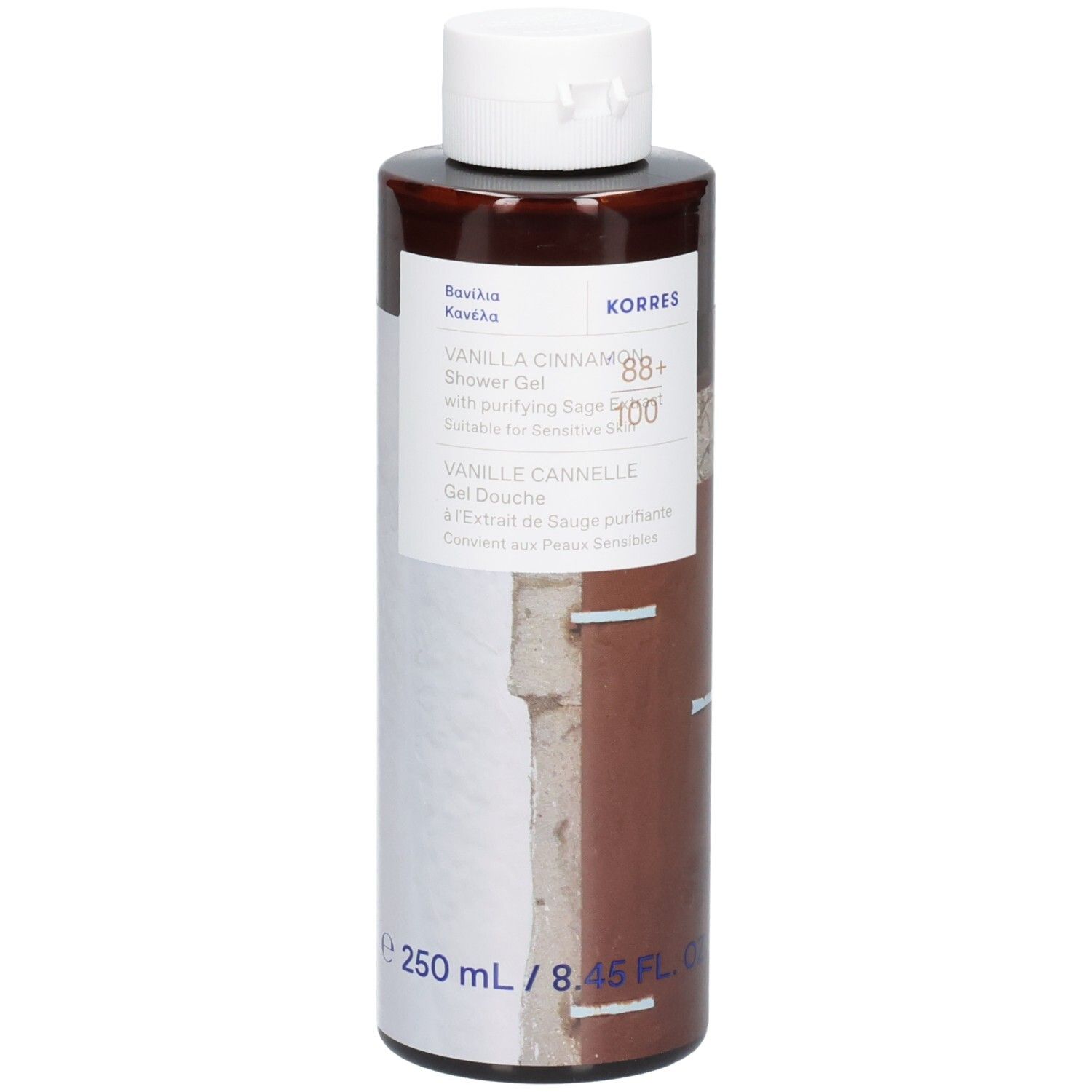 Korres Duschgel. Braune Flasche mit weißem Deckel. Aufschrift: Vanilla Cinnamon, Gel Douche, 88+ 100, 250 ml.
