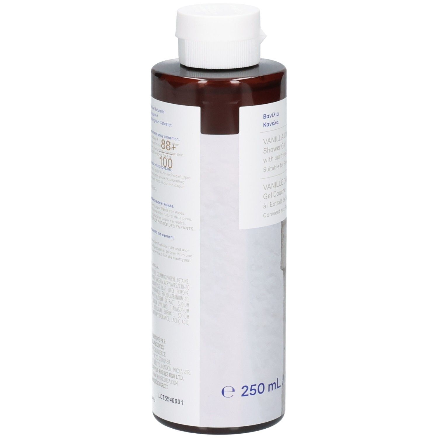 Korres Duschgel-Flasche, braun, weißer Deckel. Text: Vanilla Cinnamon, 88+ 100, 250 ml. Rückseite mit Text.