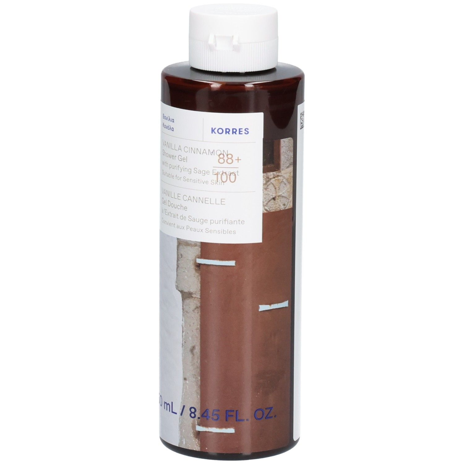 Korres Duschgel. Braune Flasche mit weißem Deckel. Aufschrift: Vanilla Cinnamon, Gel Douche, 88+ 100, 250 ml.