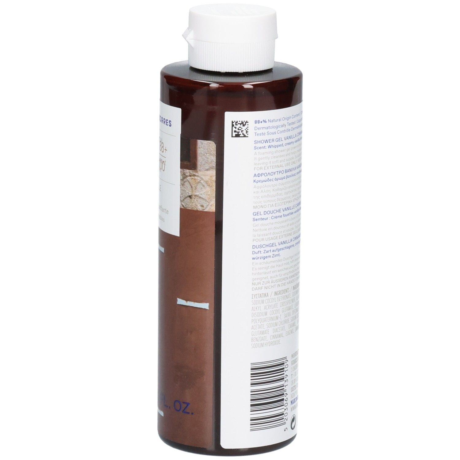 Korres Duschgel-Flasche, braun, weißer Deckel. Text: Vanilla Cinnamon, 88+ 100, 250 ml. Rückseite mit Text.