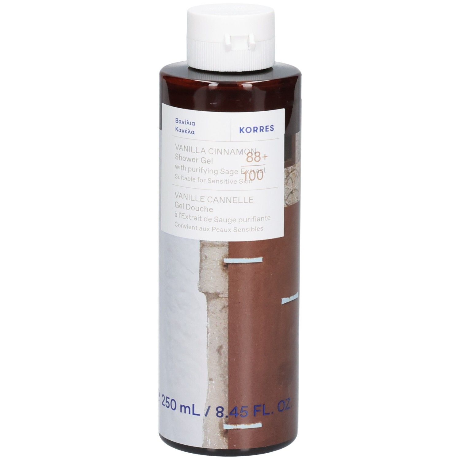 Korres Duschgel. Braune Flasche mit weißem Deckel. Aufschrift: Vanilla Cinnamon, Gel Douche, 88+ 100, 250 ml.
