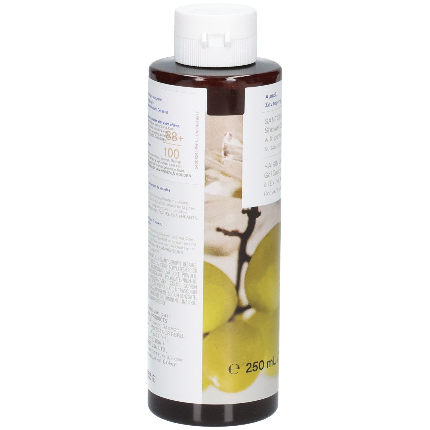 Braune Flasche mit weißem Klappdeckel, Etikett mit Traubenmotiv und 250 ml Angabe.