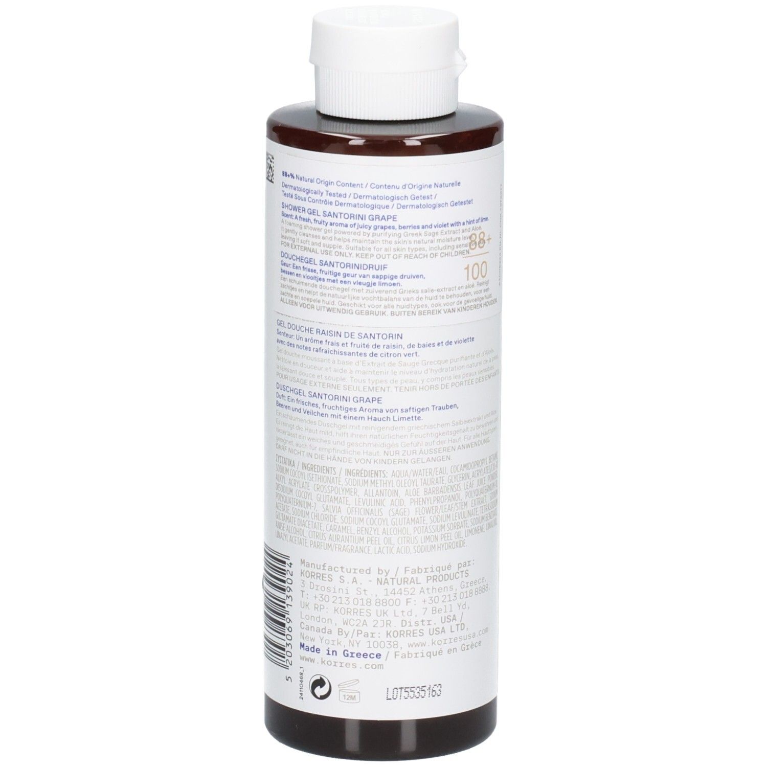 Dunkle Flasche mit weißem Verschluss, Etikett mit Produktinformationen und Inhaltsstoffen.