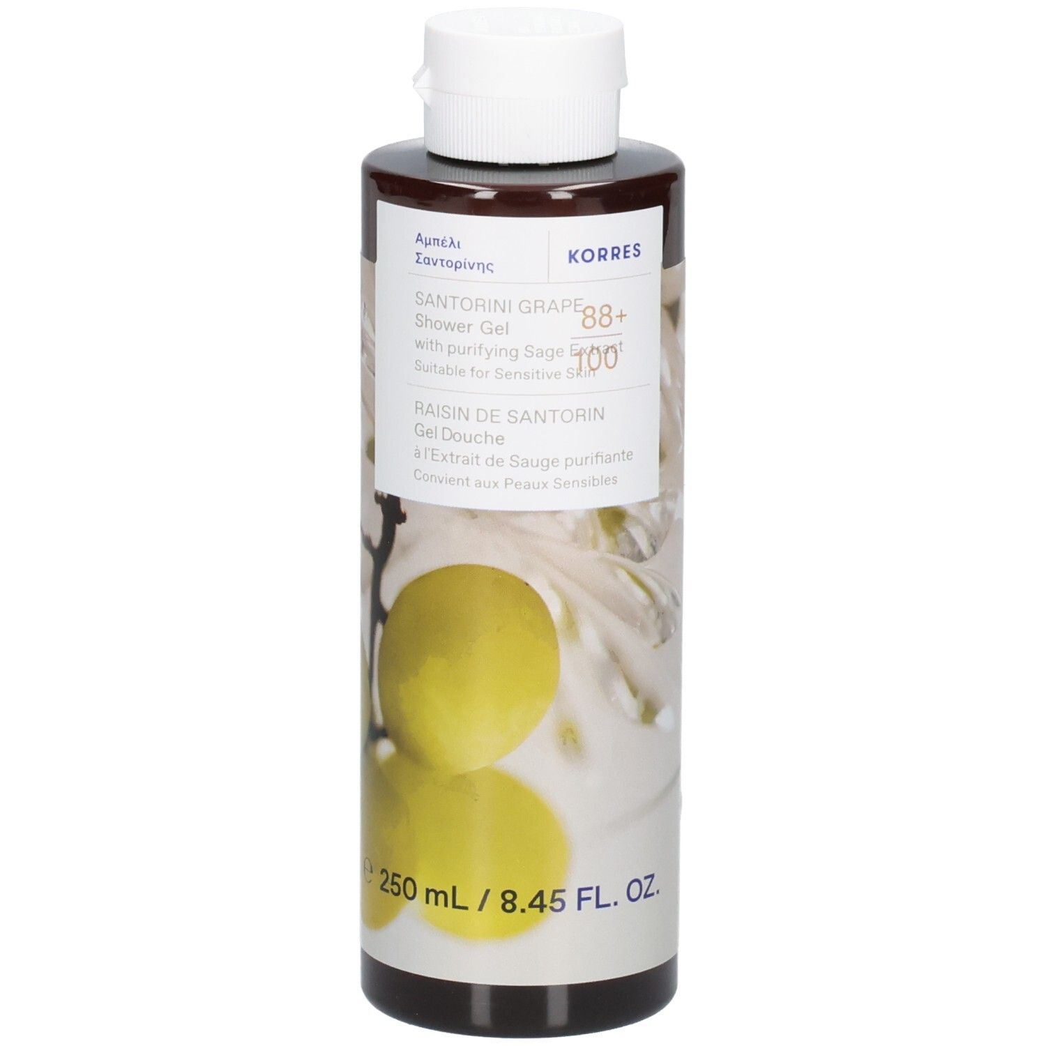 Korres Santorini Grape Shower Gel, 250 ml, mit reinigendem Salbei, für empfindliche Haut.