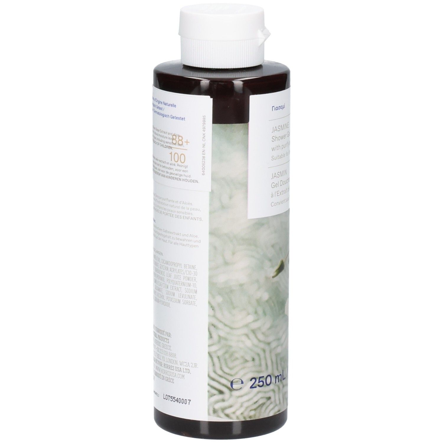 Korres Duschgel Jasmin. Rückansicht der Flasche. Etikett mit Produktinformationen und Text. 250 ml.