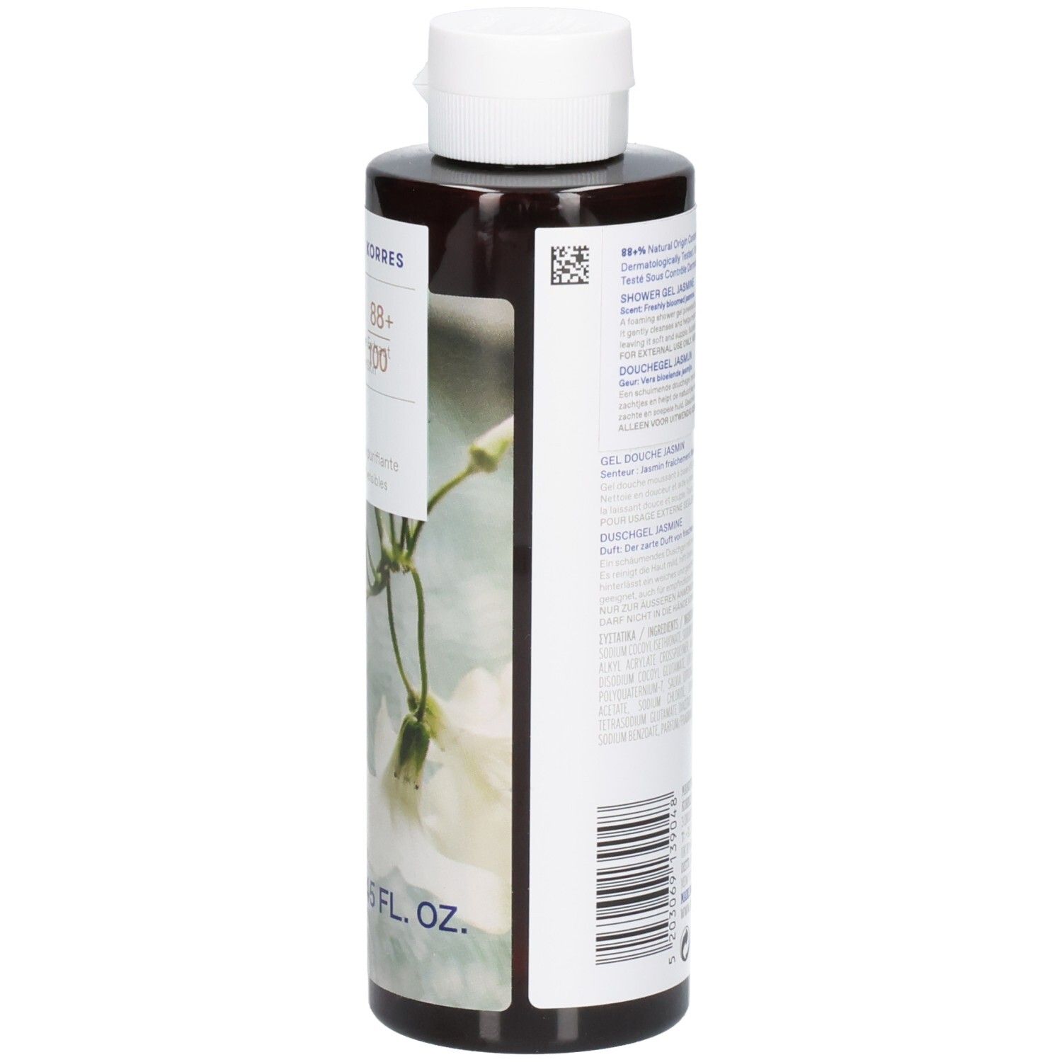 Korres Duschgel Jasmin. Braune Flasche mit weißem Deckel. Etikett mit Produktinformationen und Jasmin-Illustration.