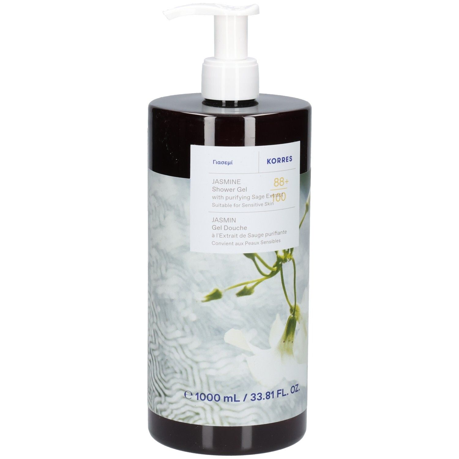 Korres KB Jasmine Gel Douche. Braune Flasche mit weißem Pumpkopf. Etikett mit Produktinformationen und Jasmin-Illustration.