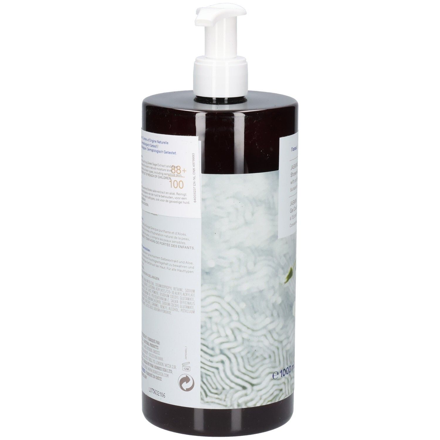 Korres KB Jasmine Gel Douche. Braune Flasche, Seitenansicht. Etikett mit Produktinformationen. Weißer Pumpkopf.