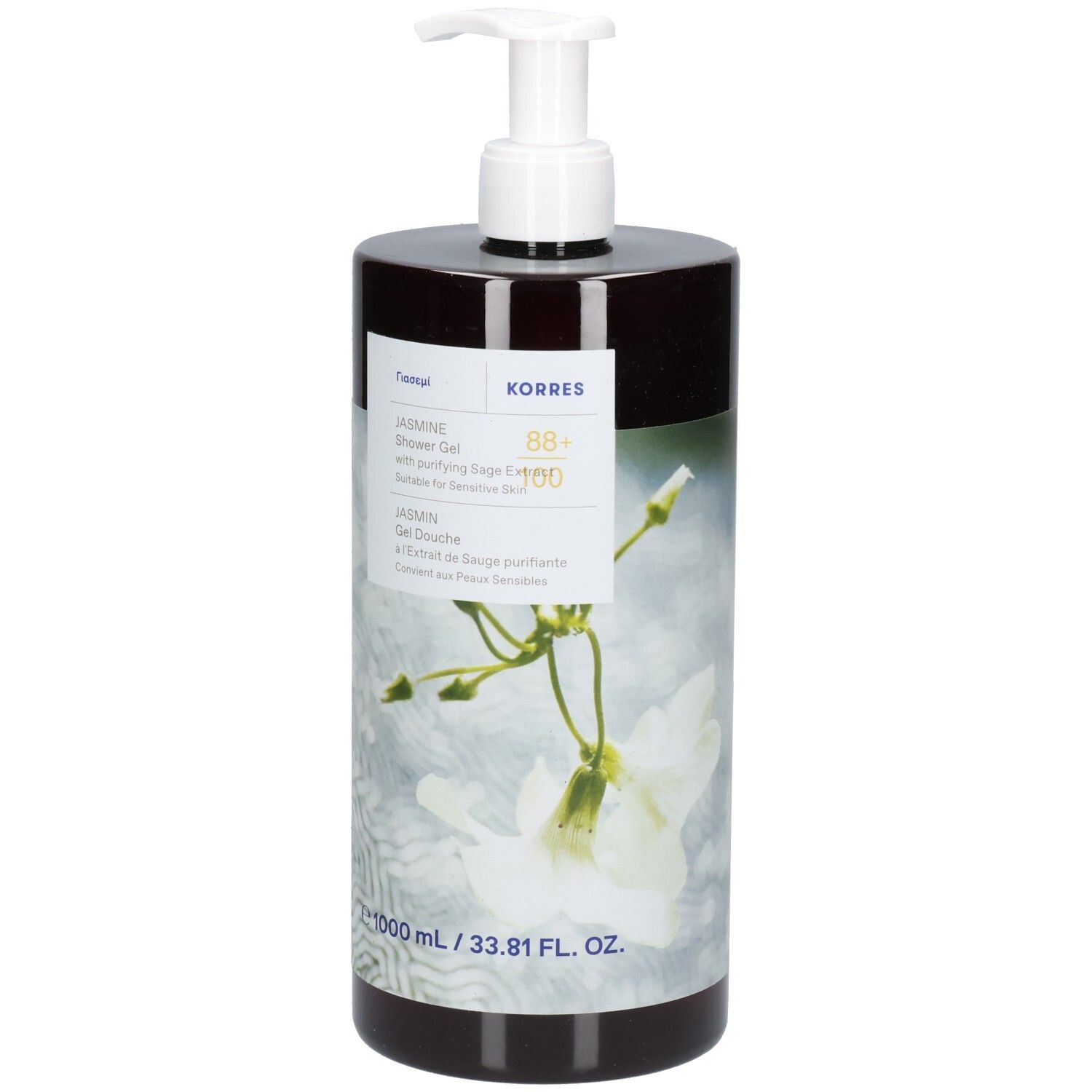 Korres KB Jasmine Gel Douche. Braune Flasche mit weißem Pumpkopf. Etikett mit Produktinformationen und Jasmin-Illustration.