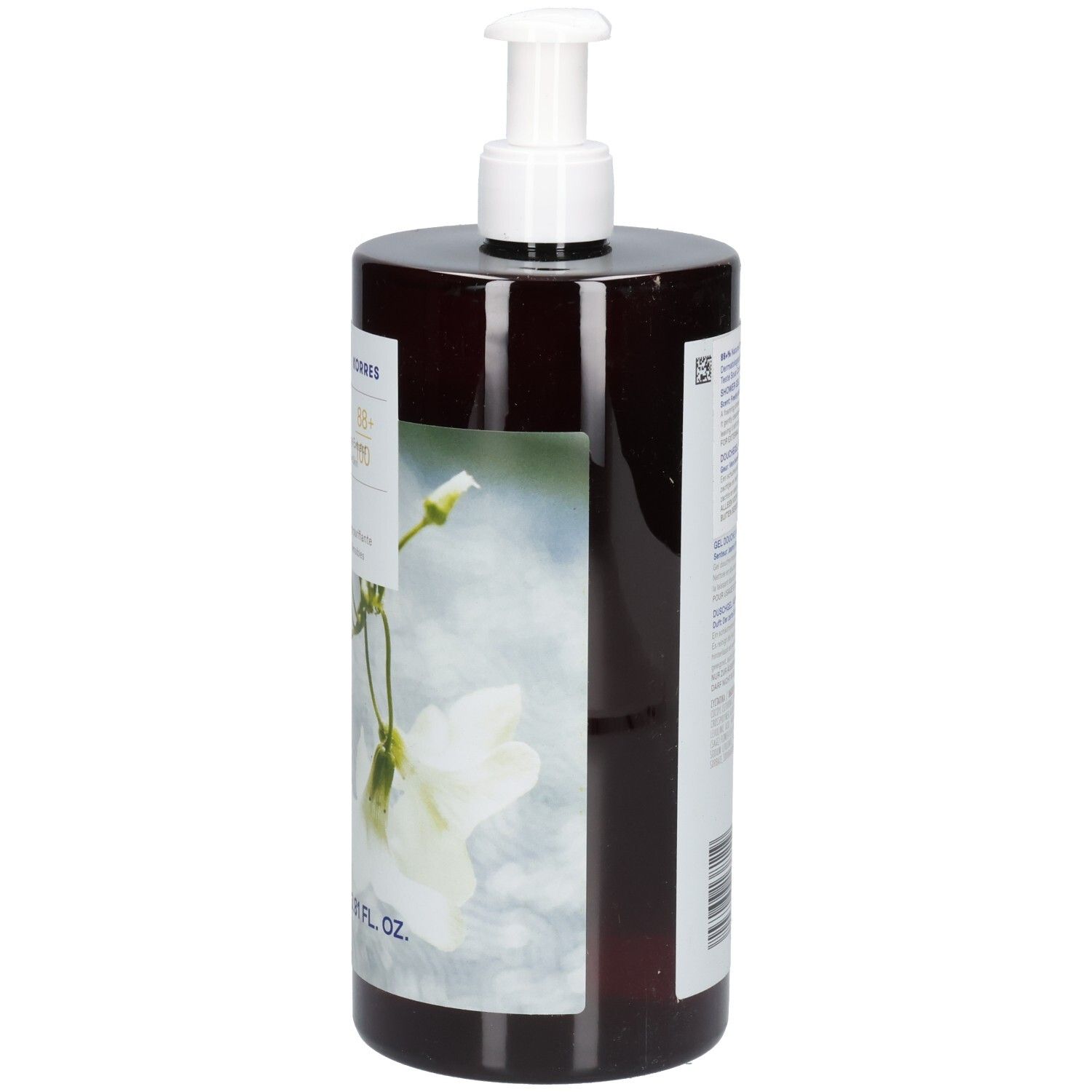Korres KB Jasmine Gel Douche. Braune Flasche, Seitenansicht. Etikett mit Produktinformationen. Weißer Pumpkopf.