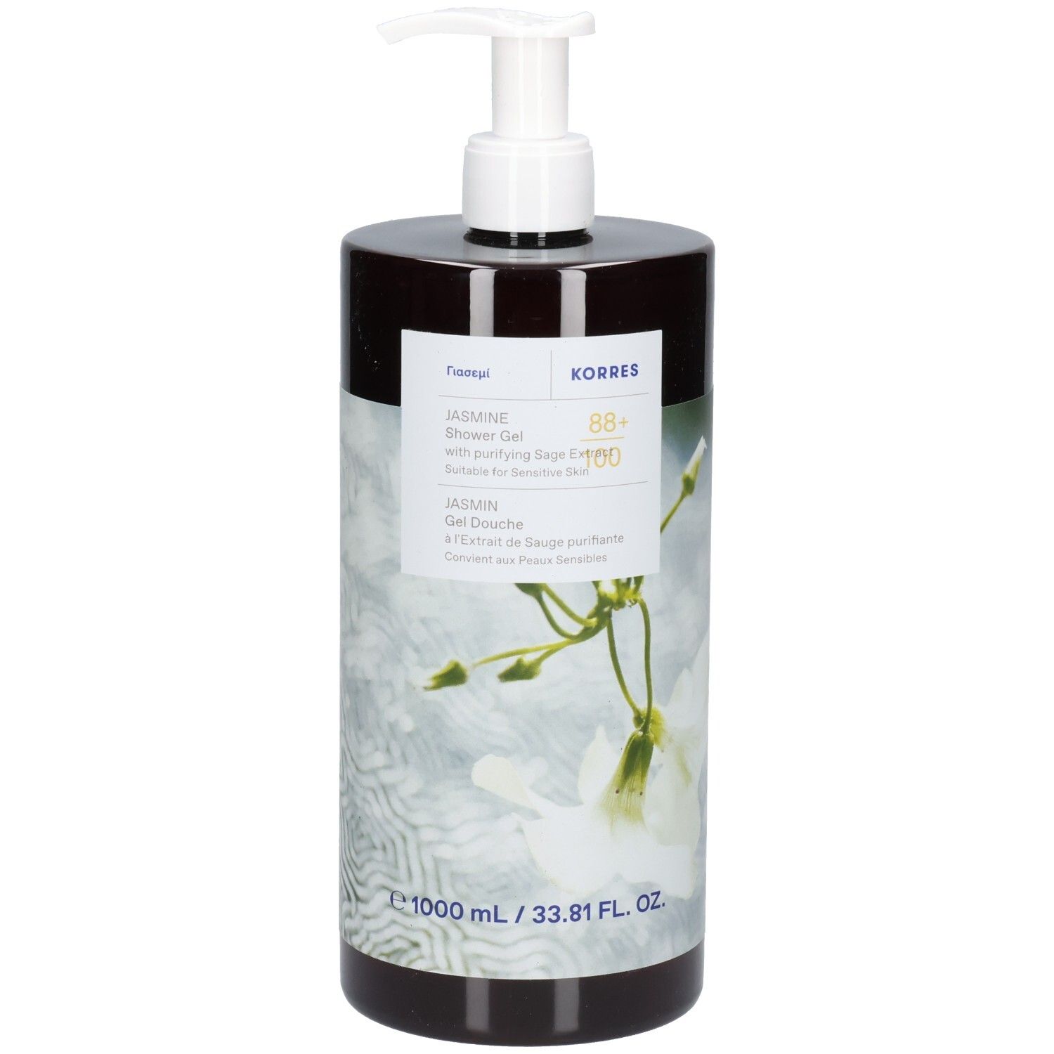 Korres KB Jasmine Gel Douche. Braune Flasche mit weißem Pumpkopf. Etikett mit Produktinformationen und Jasmin-Illustration.