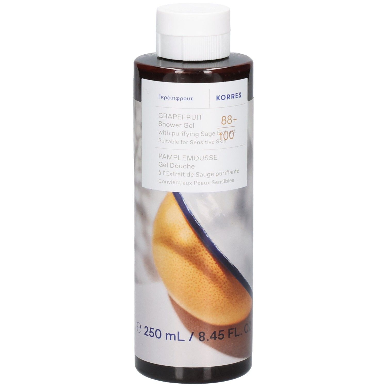 Braune Flasche mit weißem Deckel. Etikett mit Produktinformationen und Grapefruit-Abbildung. Marke Korres.