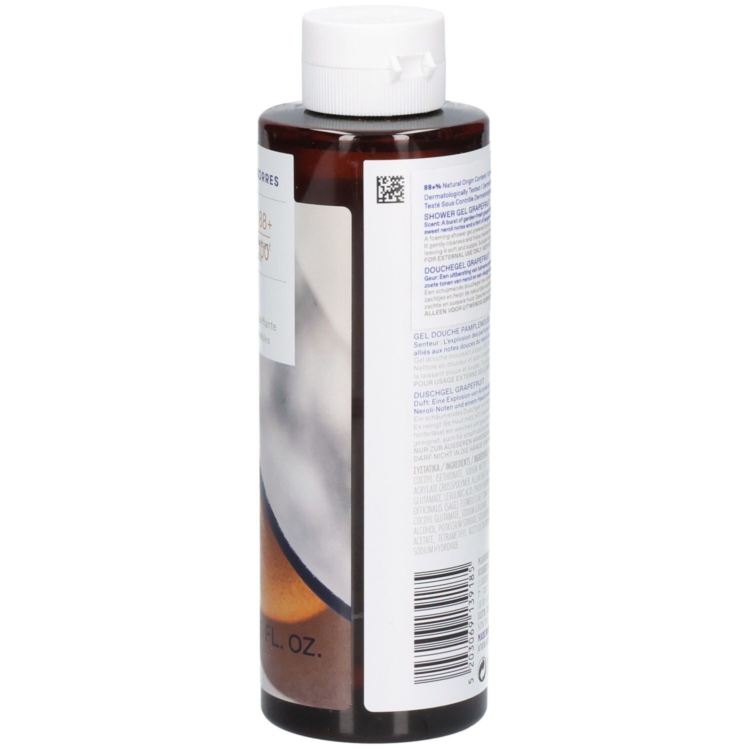 Braune Flasche mit weißem Deckel. Rückseite mit Produktinformationen und Barcode. Marke Korres.
