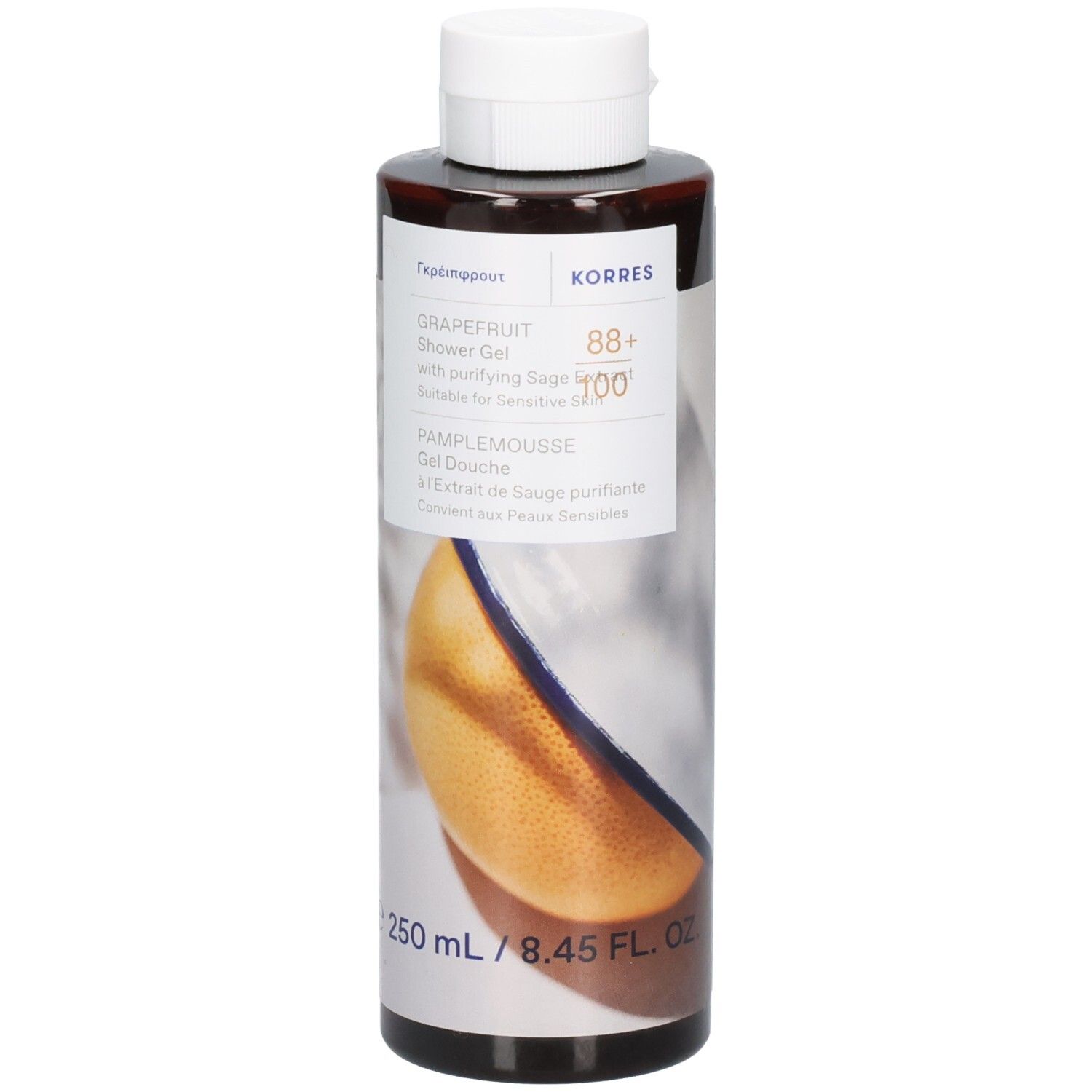 Braune Flasche mit weißem Deckel. Etikett mit Produktinformationen und Grapefruit-Abbildung. Marke Korres.