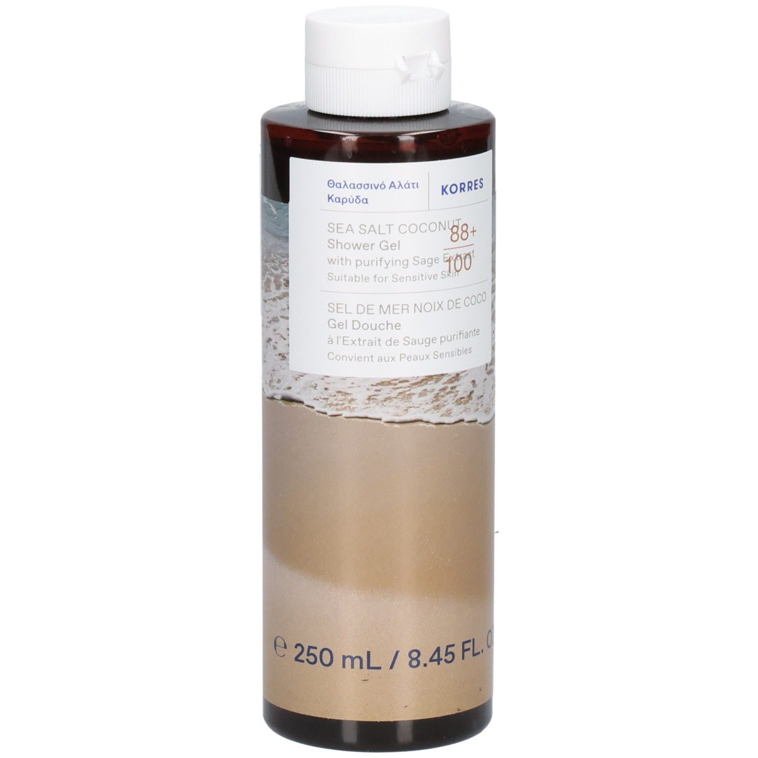 Braune Flasche mit weißem Deckel. Aufschrift: Sea Salt Coconut Shower Gel. 250 ml.