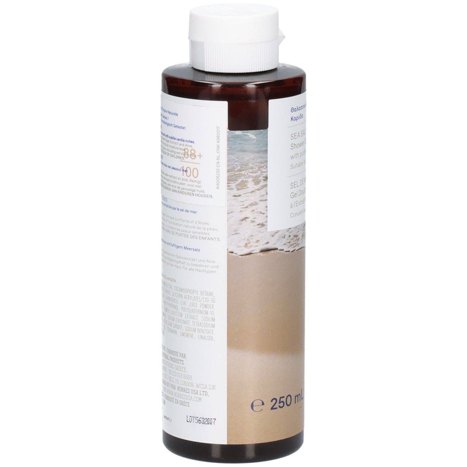 Rückseite der braunen Flasche mit Text. Aufschrift: Sea Salt Coconut Shower Gel. 250 ml.
