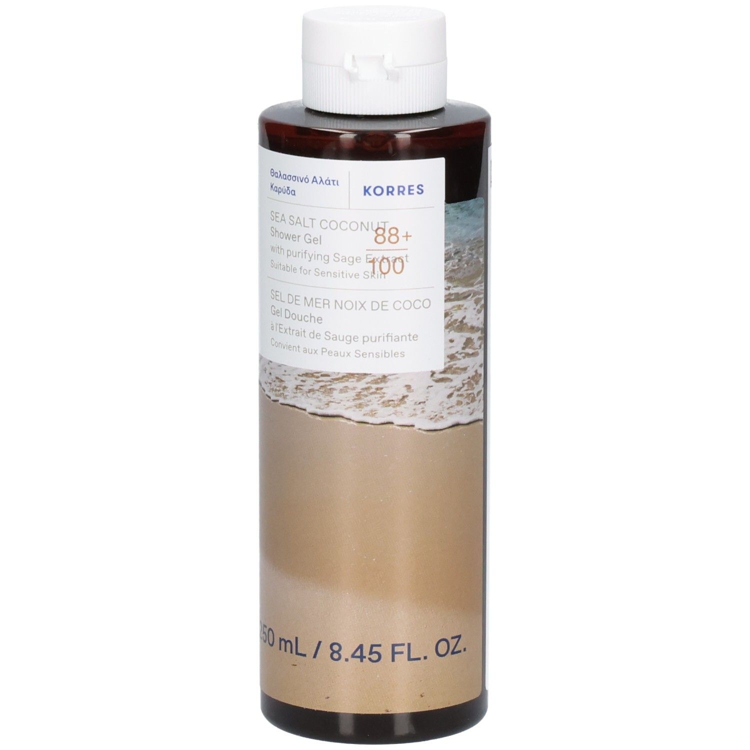 Braune Flasche mit weißem Deckel. Aufschrift: Sea Salt Coconut Shower Gel. 250 ml.