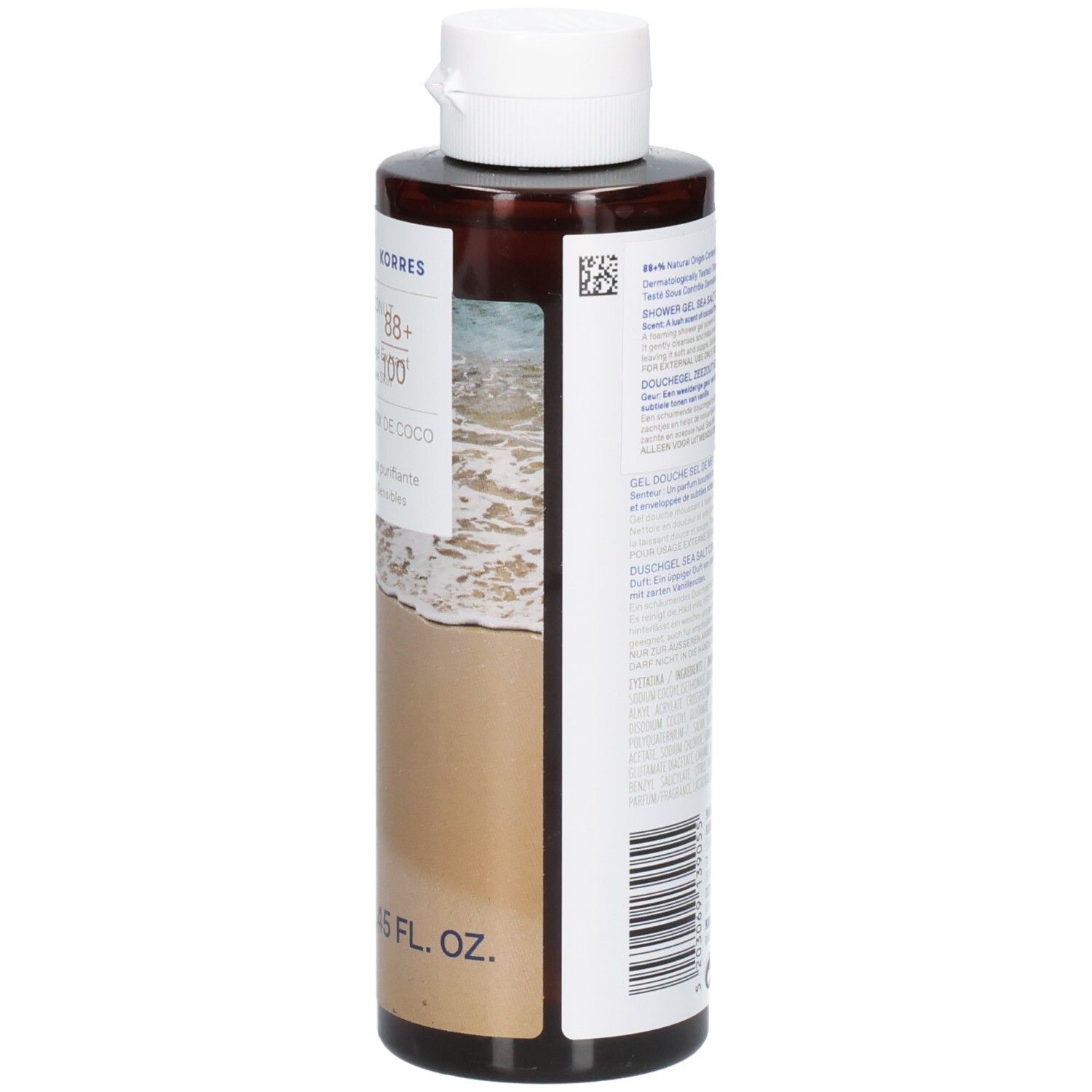 Braune Flasche mit weißem Deckel. Aufschrift: Sea Salt Coconut Shower Gel. 250 ml.