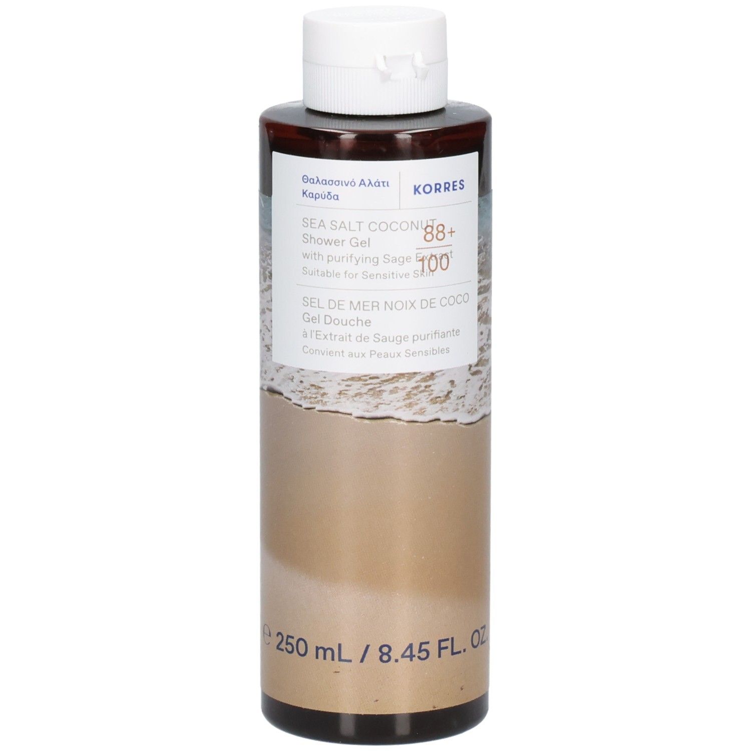 Braune Flasche mit weißem Deckel. Aufschrift: Sea Salt Coconut Shower Gel. 250 ml.