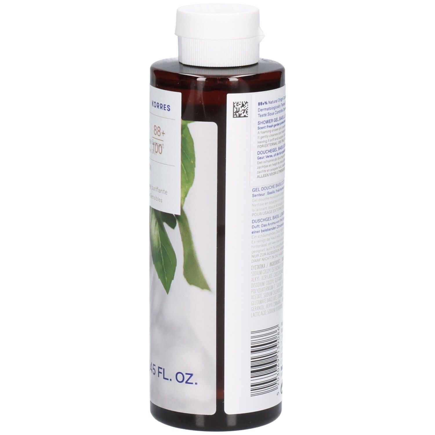 Braune Flasche mit weißem Deckel. Etikett mit Text und Logo. Abbildung von Blättern. Menge: 250 ml.