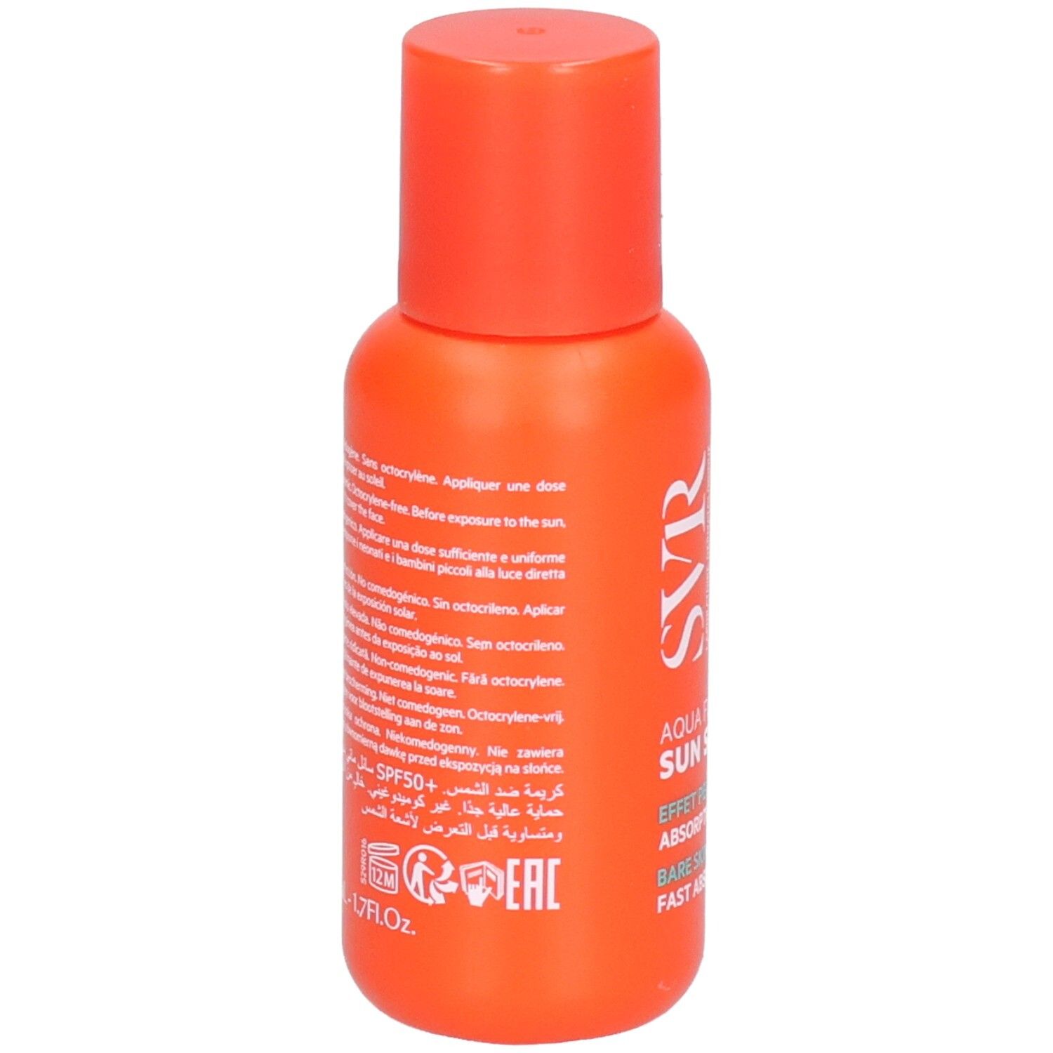 Rückseite der orangefarbenen Flasche. Text: SVR, Aqua Fluide Sun Secure. Informationen.