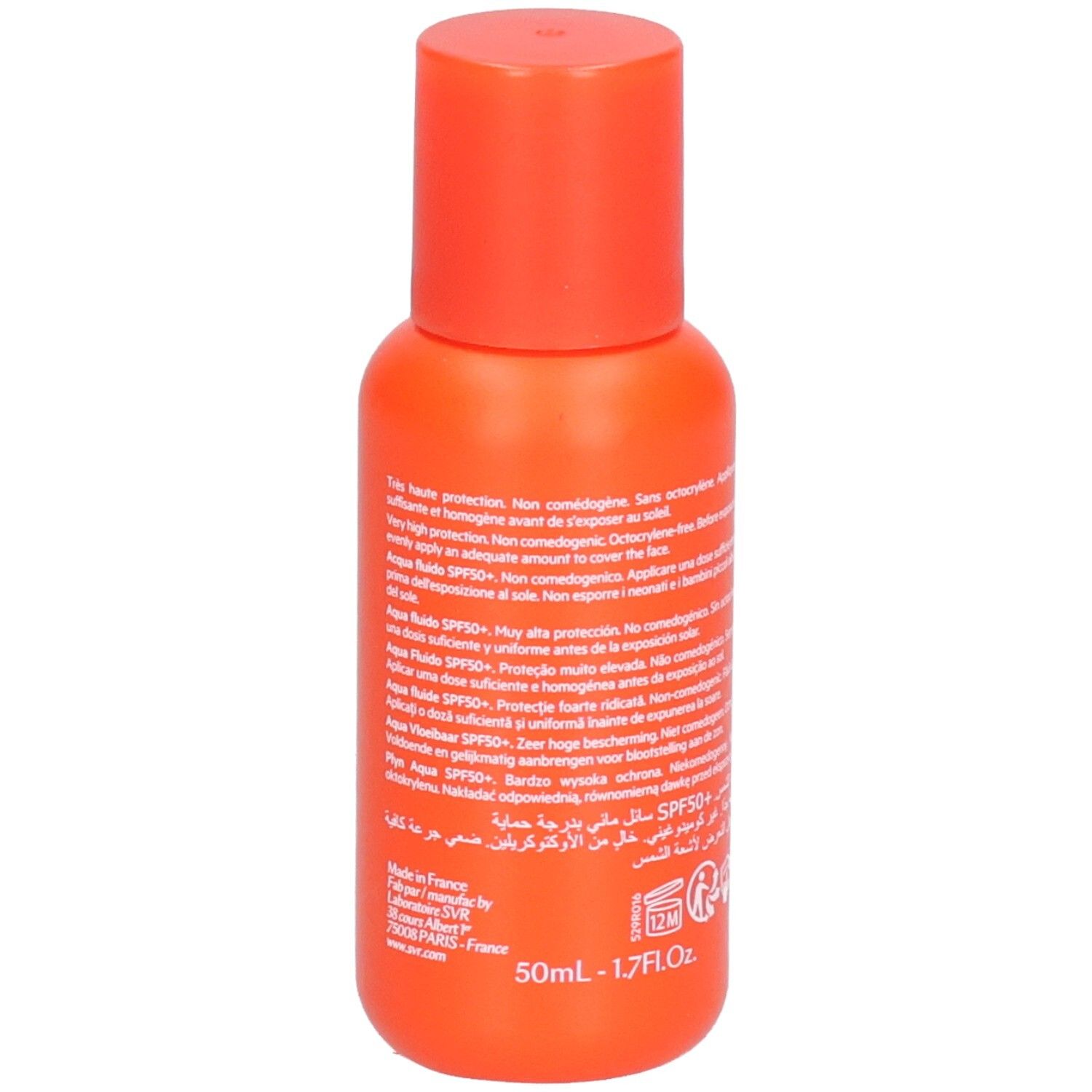 Rückseite der orangefarbenen Flasche. Text: SVR, Aqua Fluide Sun Secure, SPF 50+, 50ml.