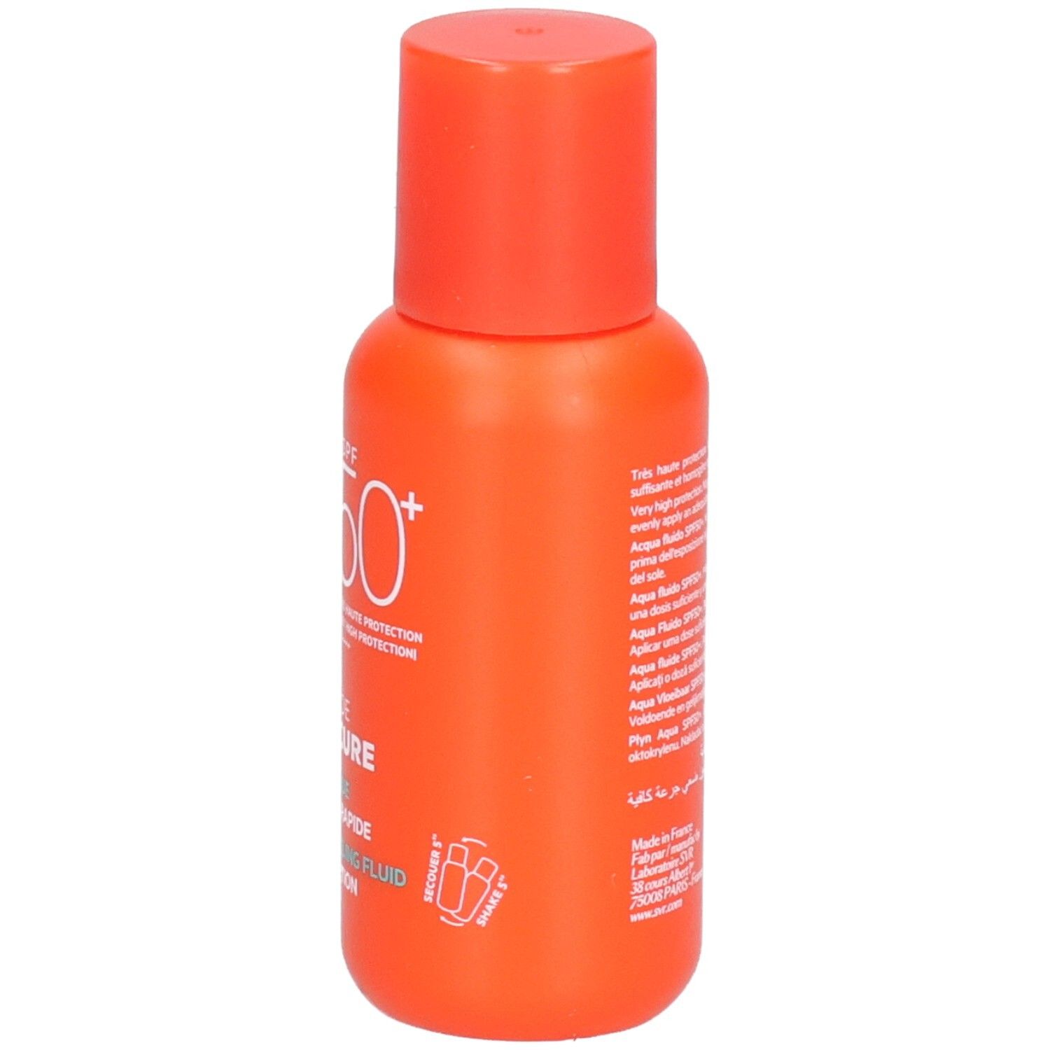 Seitenansicht der orangefarbenen Flasche. Text: SVR, Aqua Fluide Sun Secure, SPF 50+.