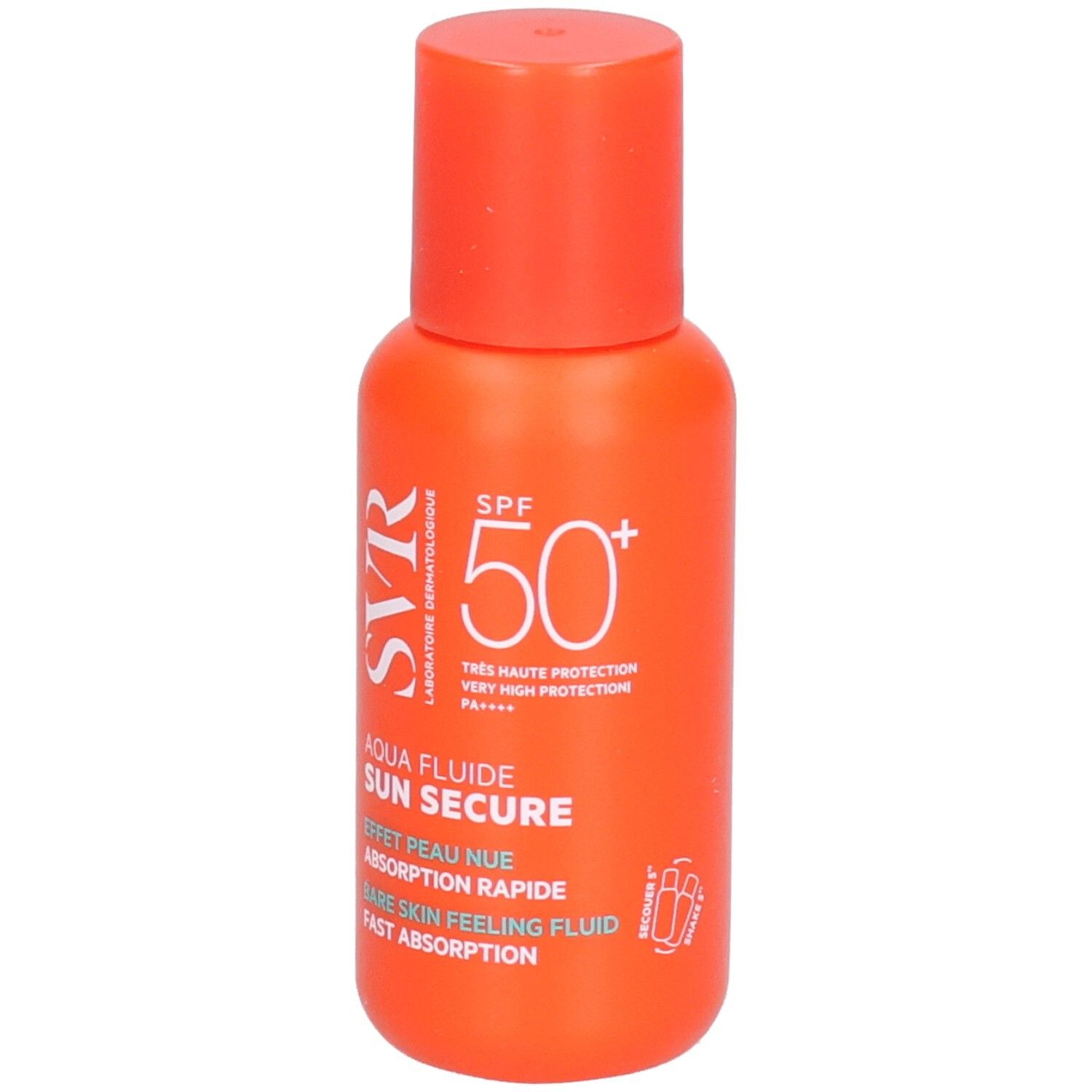 Orangefarbene Flasche mit rotem Deckel. Text: SVR, Aqua Fluide Sun Secure, SPF 50+.