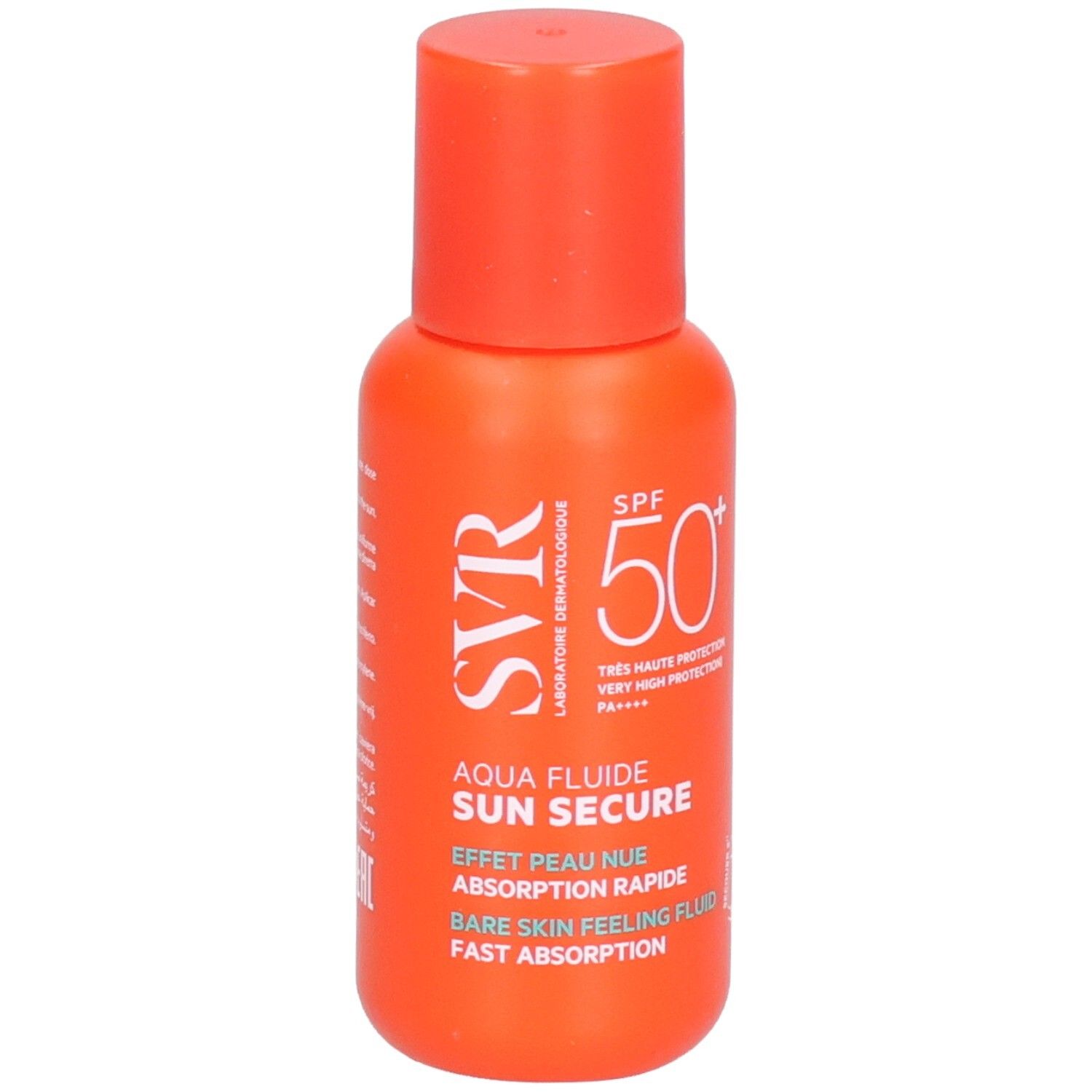 Orangefarbene Flasche mit rotem Deckel. Text: SVR, Aqua Fluide Sun Secure, SPF 50+.